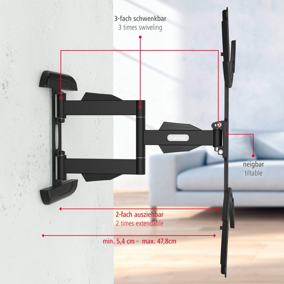 Hama TV-Wandhalterung »Halterung, schwenkbar, neigbar, ausziehbar von 94 - 191 cm (37" - 75")« bis 191 cm Zoll max. 45 kg, 43", 50", 55", 65""