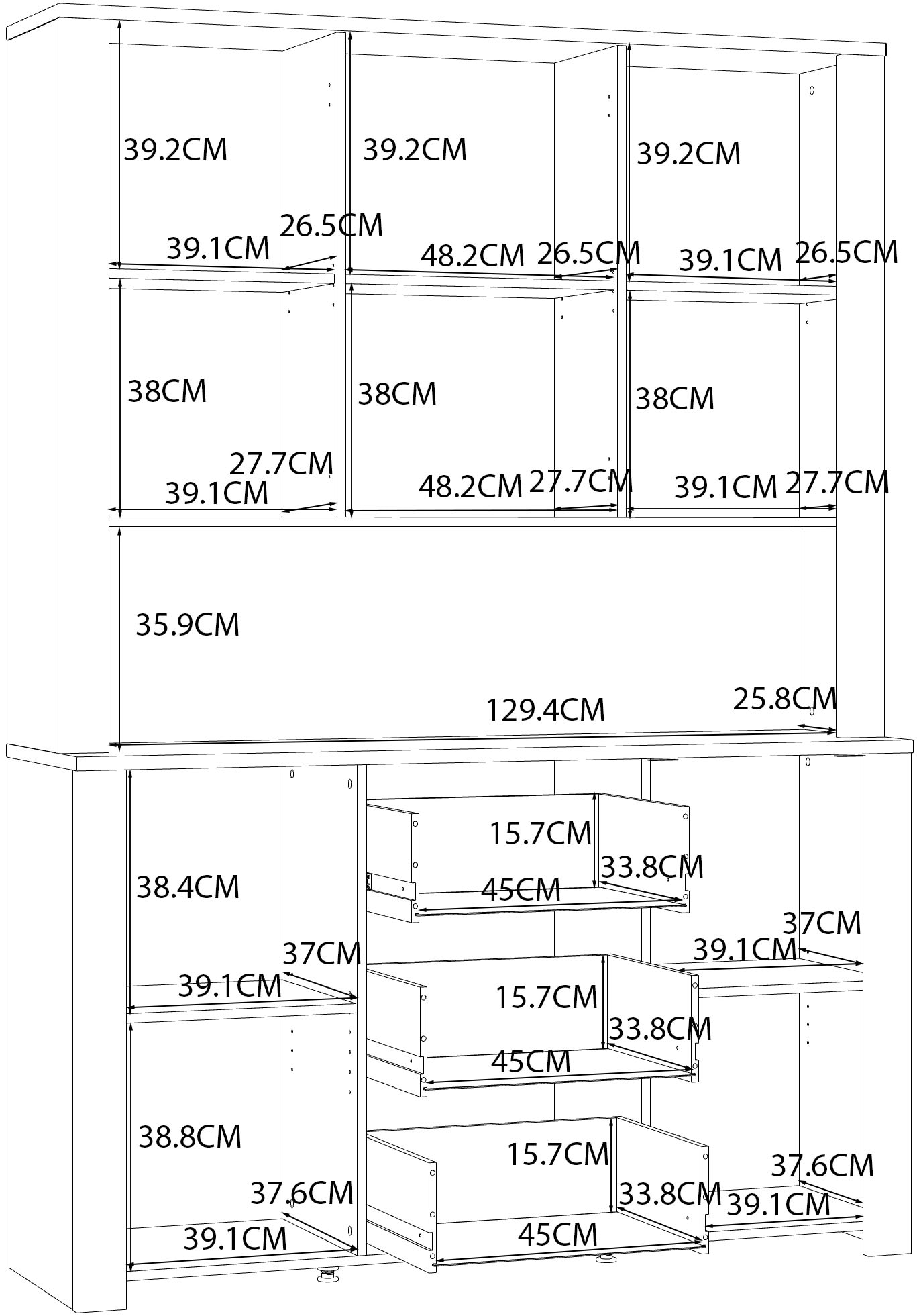 FORTE Buffet »Bohol, großes Highboard,4Türen, 1 Glastüre, 3 Schubkästen« B/H/T 146,1/205,4/42 cm, sehr viel Stauraum