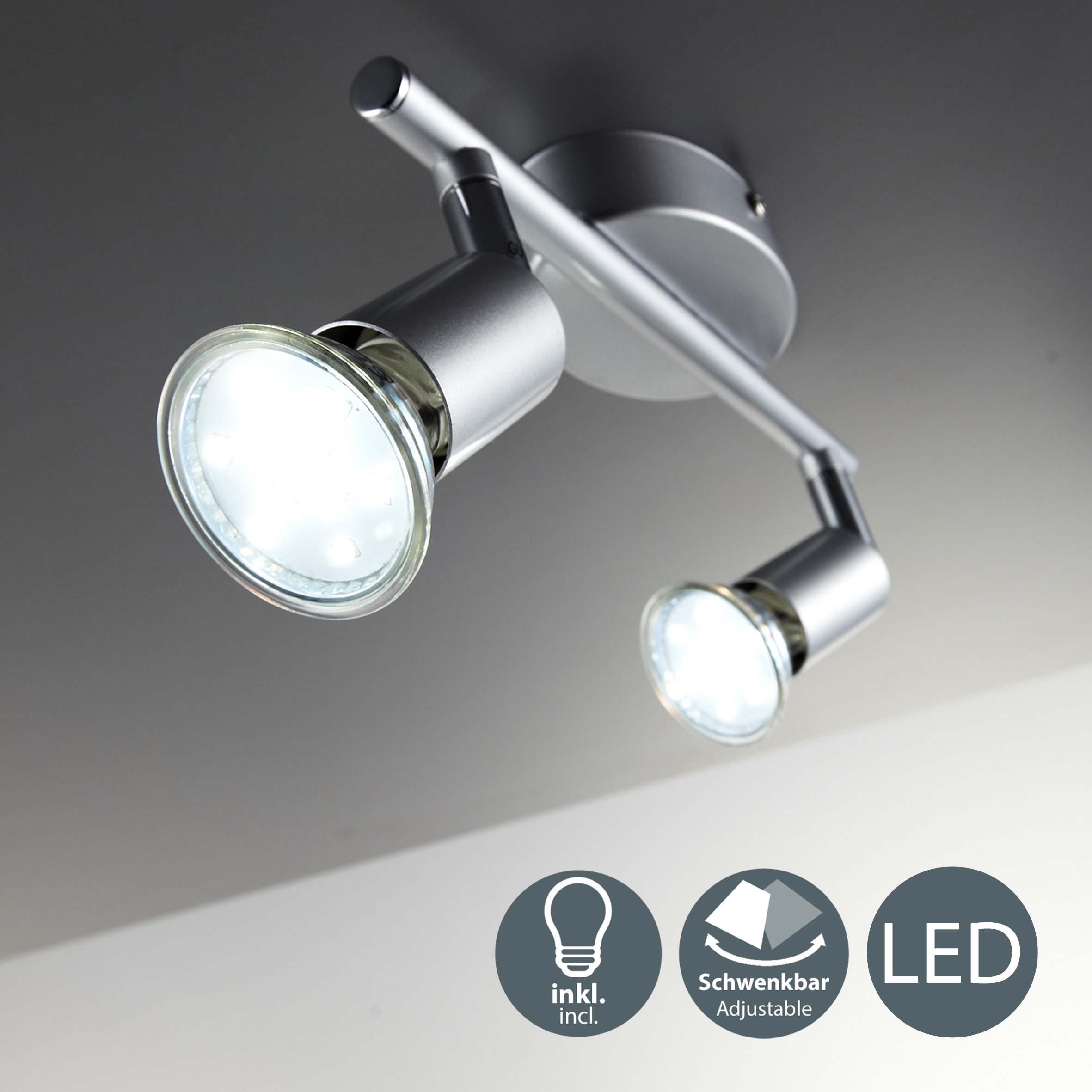 B.K.Licht LED Deckenleuchte, 2 flammig, Leuchtmittel GU10 | Leuchtmittel wechselbar, LED Deckenlampe Wohnzimmer schwenkbar inkl. 3W 250lm GU10 Decken-Spot
