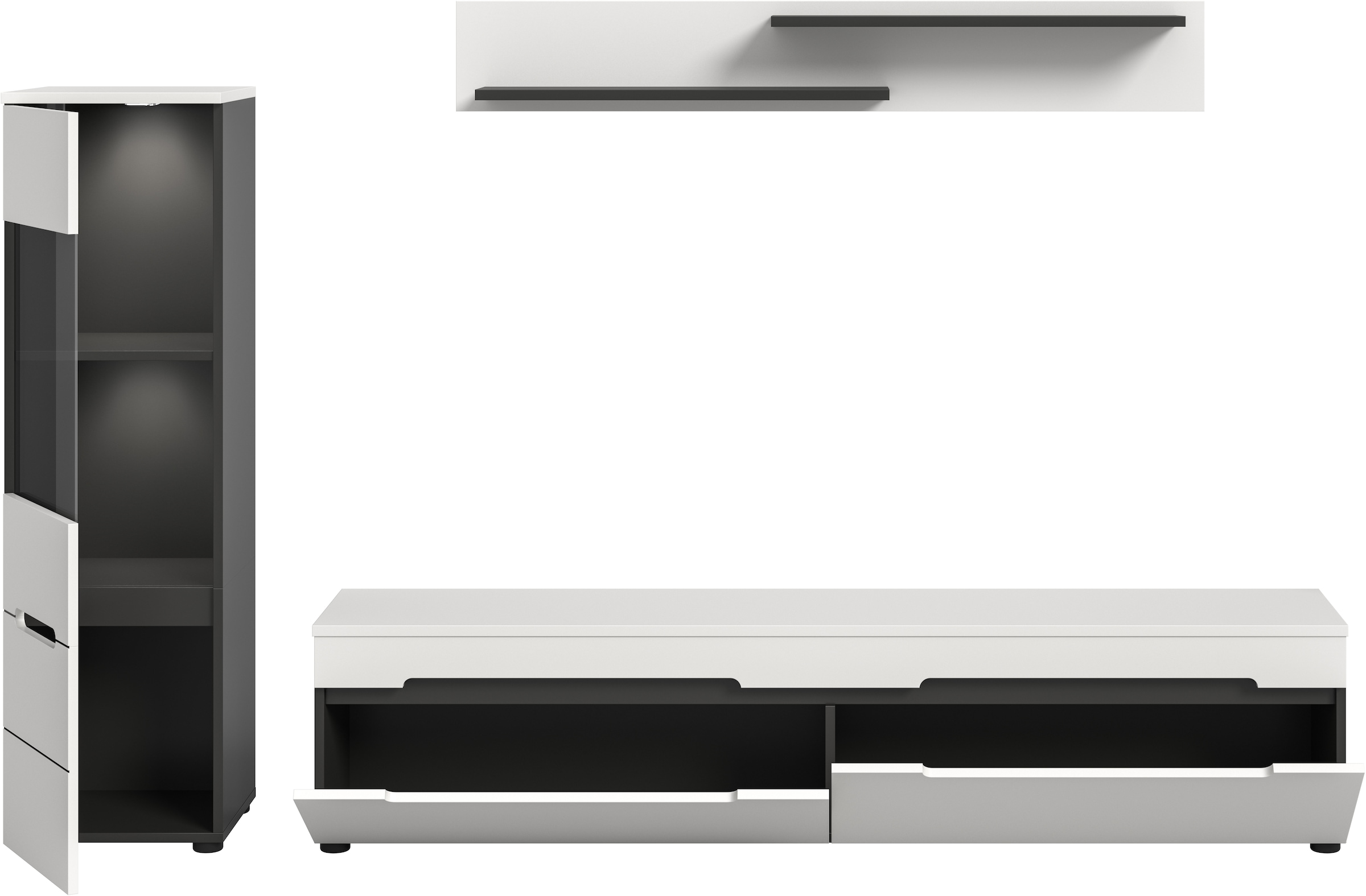 Home affaire Wohnwand »REHAT, TOPSELLER!, 3-teilig, inkl. Beleuchtung, stehend oder hängend« Set bestehend aus: Vitrine inkl. Beleuchtung, Lowboard und Wandboard, 3 Stk. tlg.