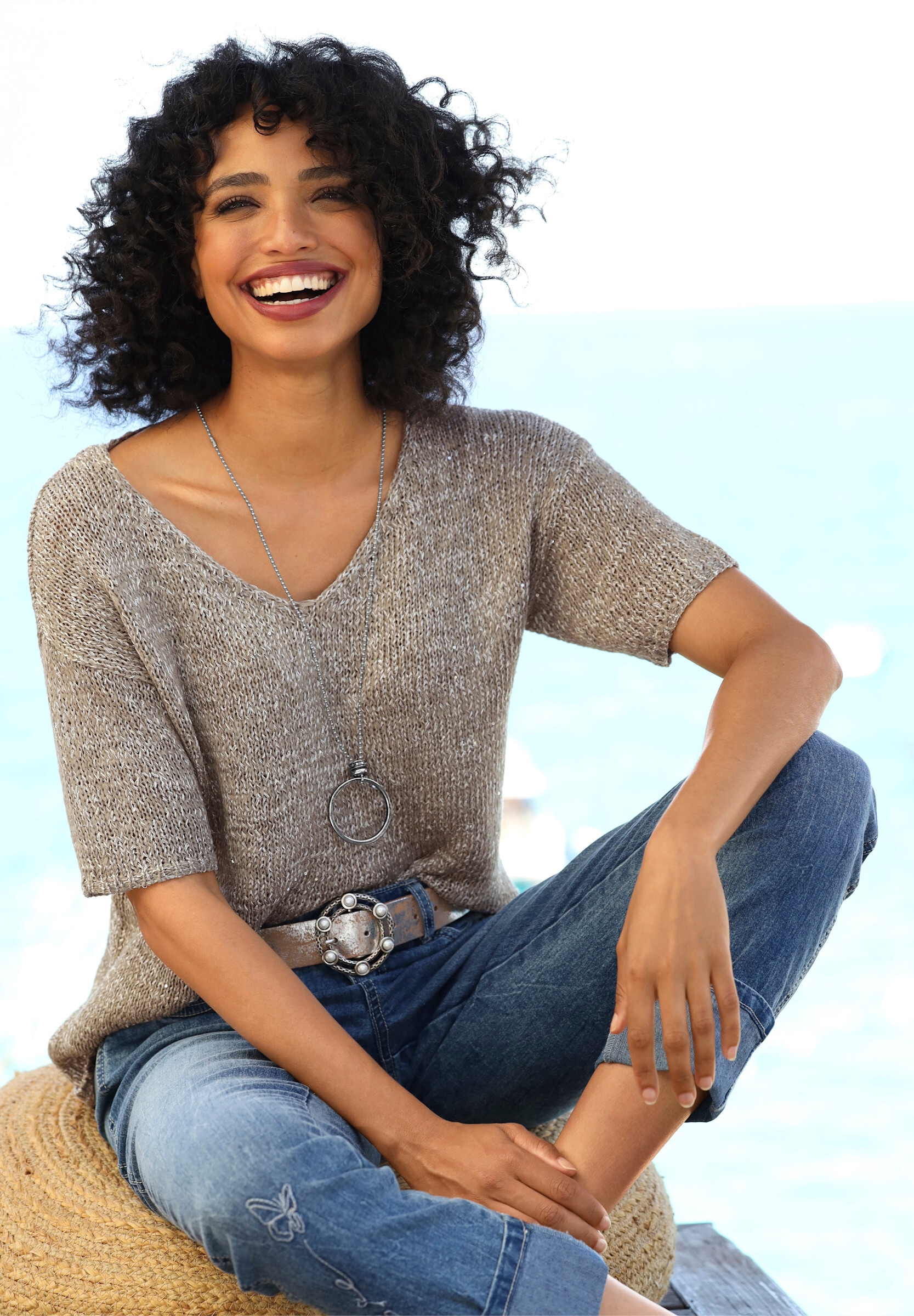 heine Strickpullover »Pullover Kurzarmpullover mit Pailletten«