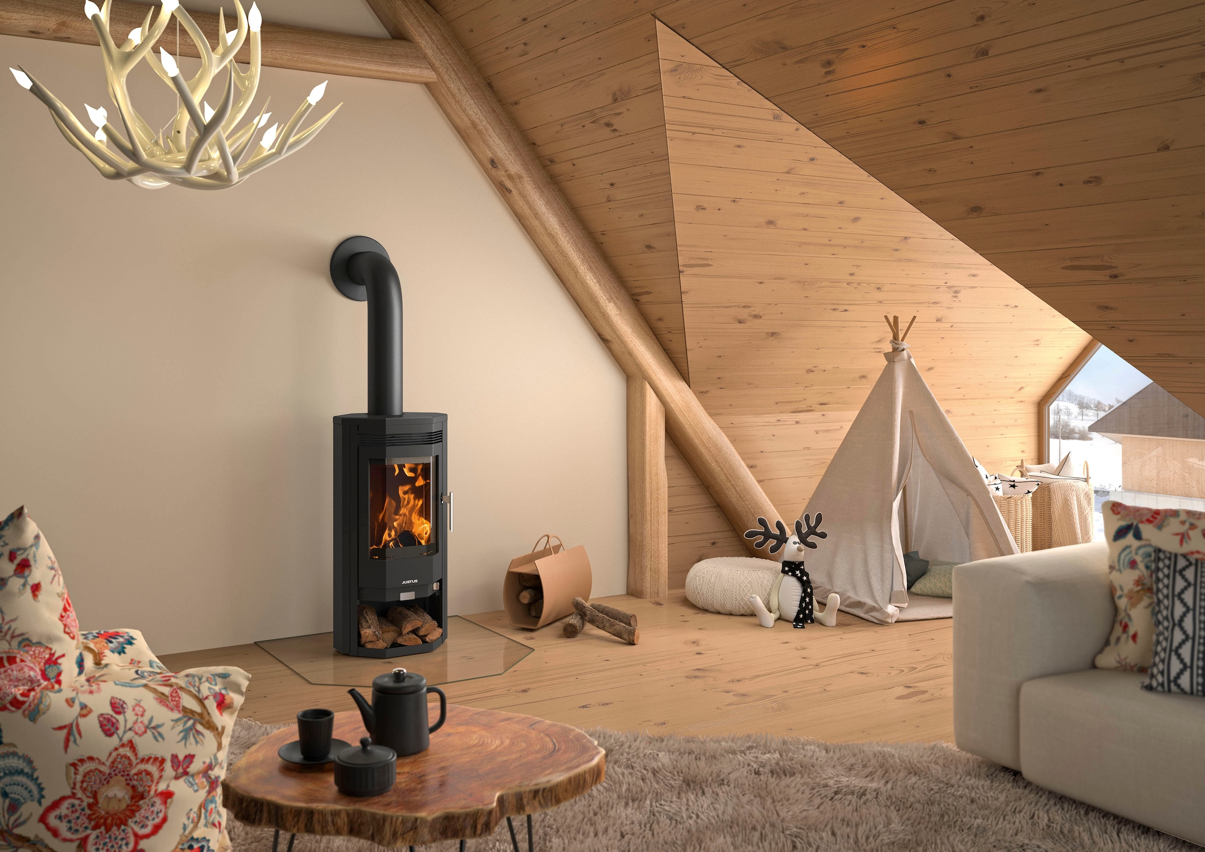 JUSTUS Kaminofen »Usedom 5 D Stahl«, Holzfach, prismatische Scheibe