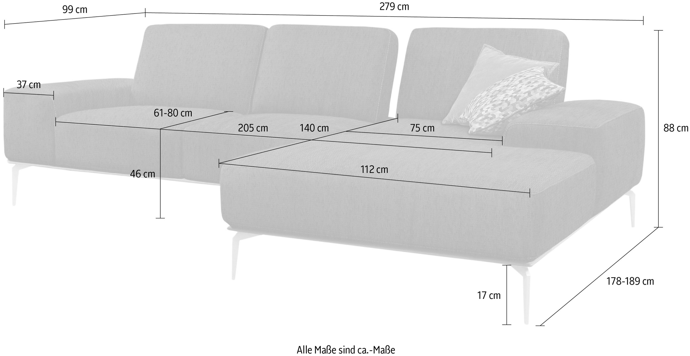 W.SCHILLIG Ecksofa »run, Designsofa mit tollem Sitzkomfort, bequem, L-Form« mit elegantem Holzsockel, Füße in Silber matt, Breite 279 cm
