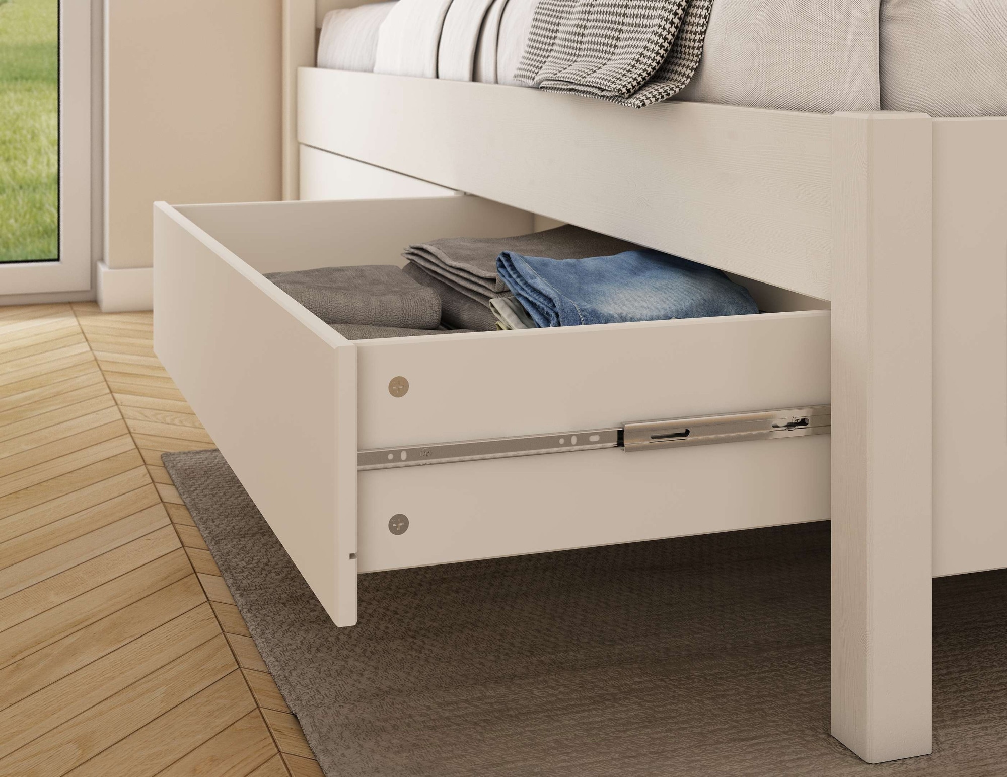 OTTO home Stauraumbett »Synnra, maximaler Stauraum, 4 Schubladen, Made in EU, Landhausstil« FSC® zertifiziert, Kassettenfront, Stauraumlösung und Komfort