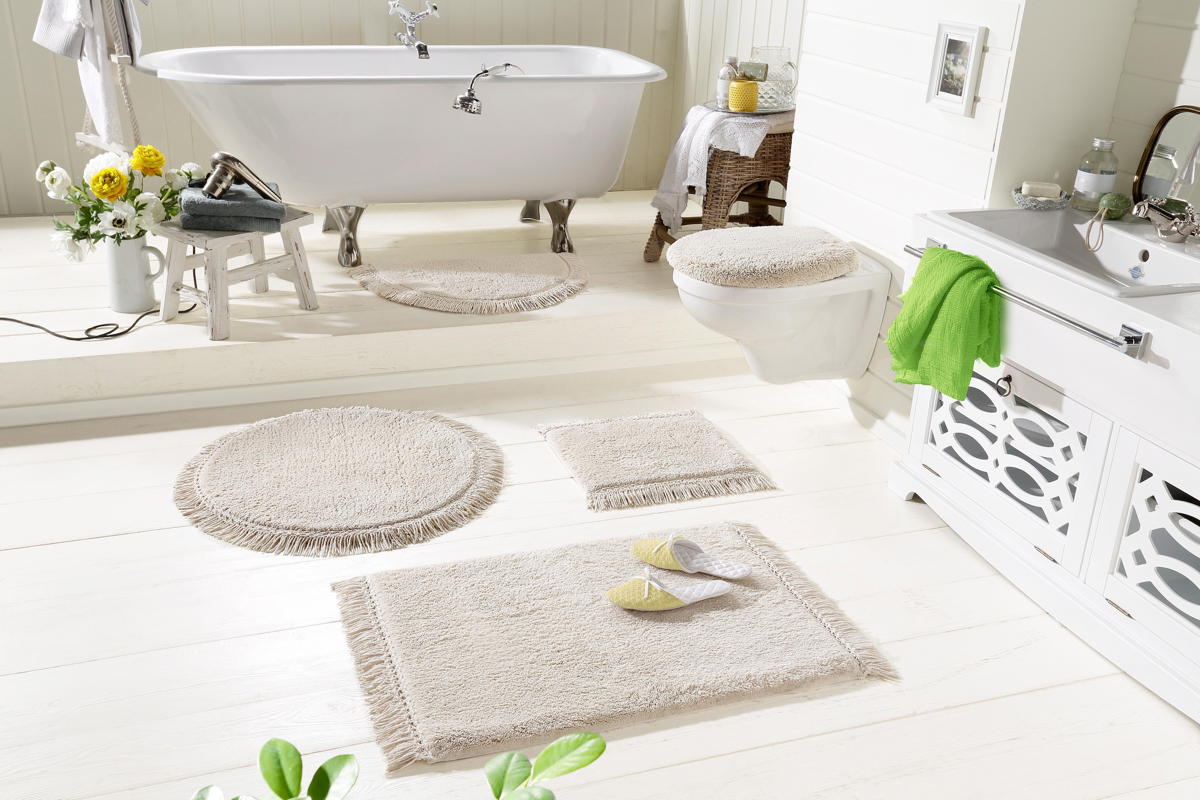 my home Badematte »Finca, Badvorleger, Badezimmer Teppich«, rutschhemmend beschichtet, fußbodenheizungsgeeignet-strapazierfähig, Fransen, Boho, Badteppich, Bio-Baumwolle, auch als 3 teiliges Set