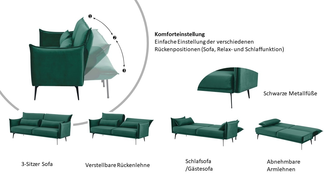 INOSIGN Schlafsofa »TULARE, 204 cm, klappbarer 3-Sitzer mit verstellbarer Rückenlehne,«, Schlaffunktion