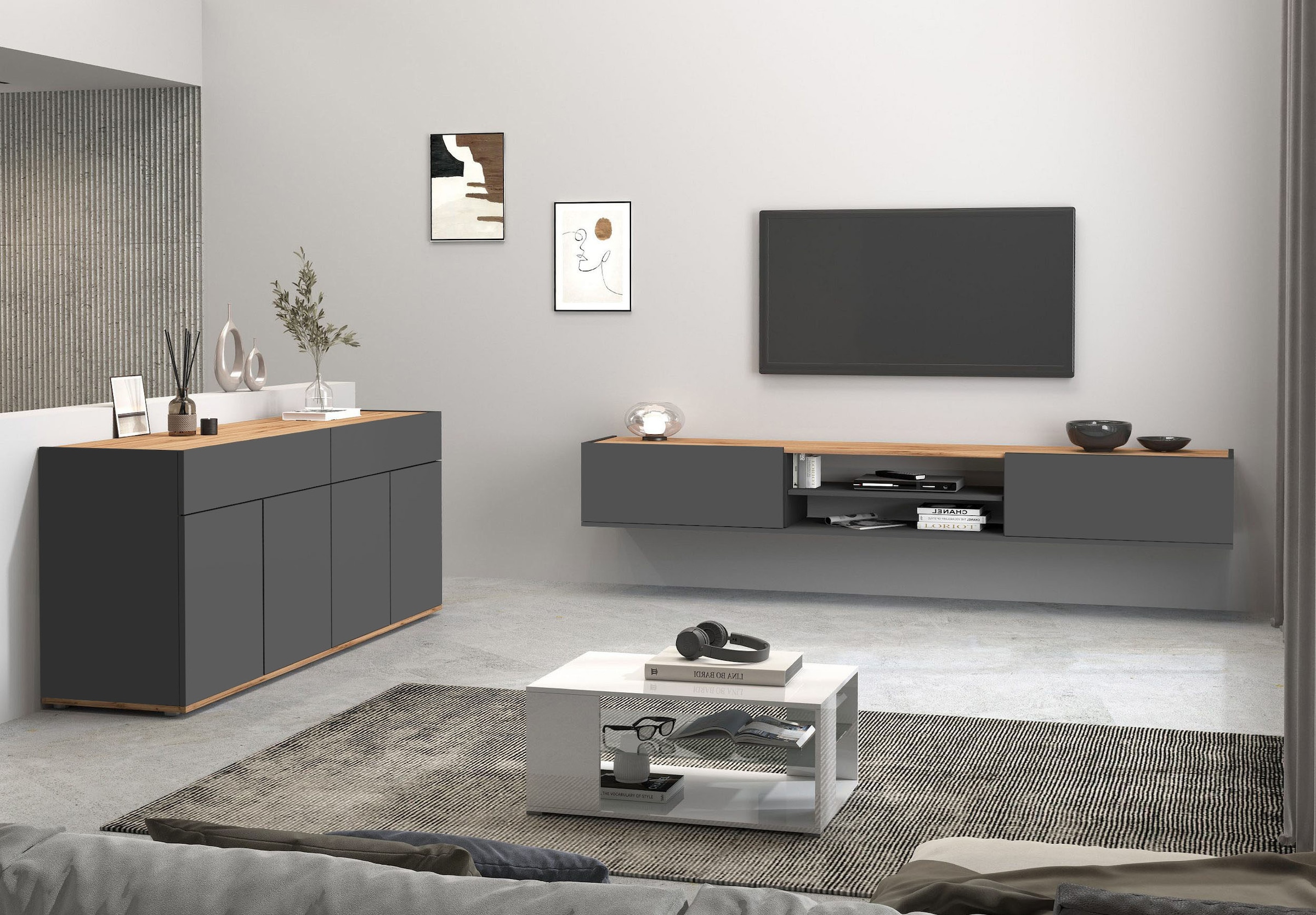 INOSIGN Lowboard »Garda,Lowboard,TV-Kommode,TV-Möbel,TV-Bank«, stehend und hängend mit 2 Klappen, 1 Einlegeboden, Breite 210 cm