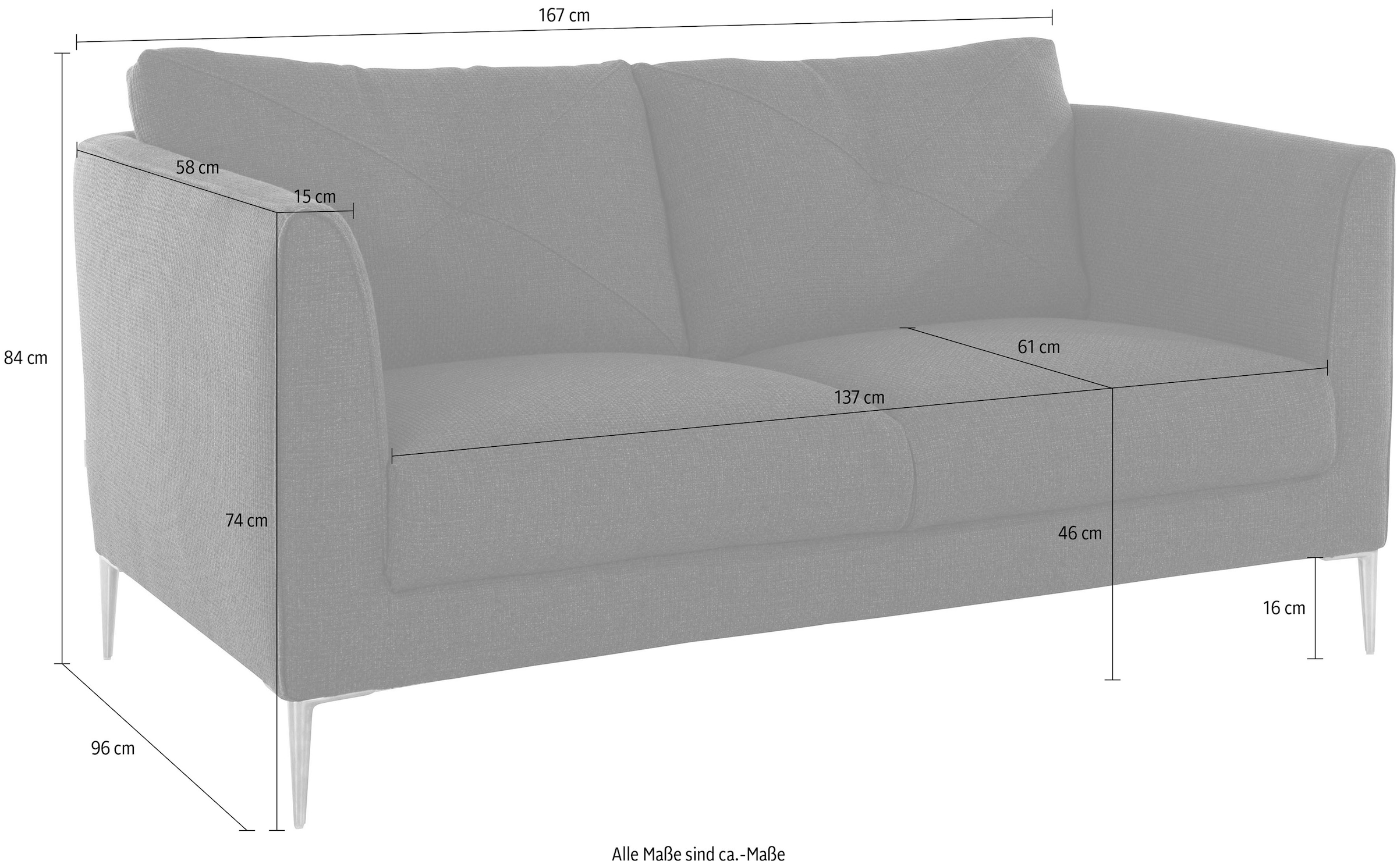 TRENDMANUFAKTUR 2-Sitzer »Chilltime, elegant und bequem, Komfortsitzhöhe 46cm, hoher Fuß«, mit eleganter Kreuznaht in den Rückenkissen, Breite 167 cm