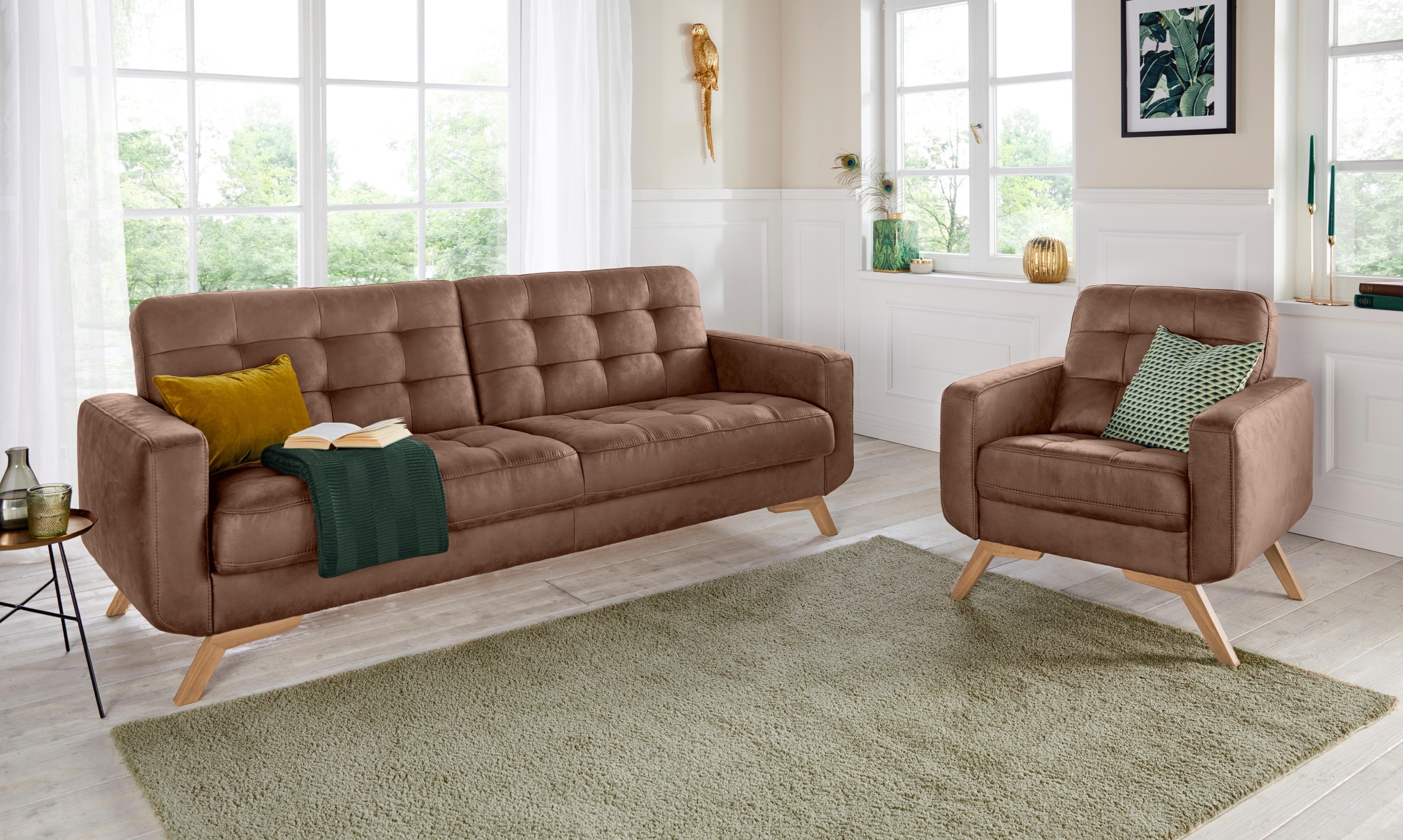 exxpo - sofa fashion 3-Sitzer »Fiord, aktuelles Design, tolle Detailverarbeitung im Sitz und Rücken«, bequem, wahlweise Kippcouch mit Bettfunktion und Bettkasten, Holzfuß
