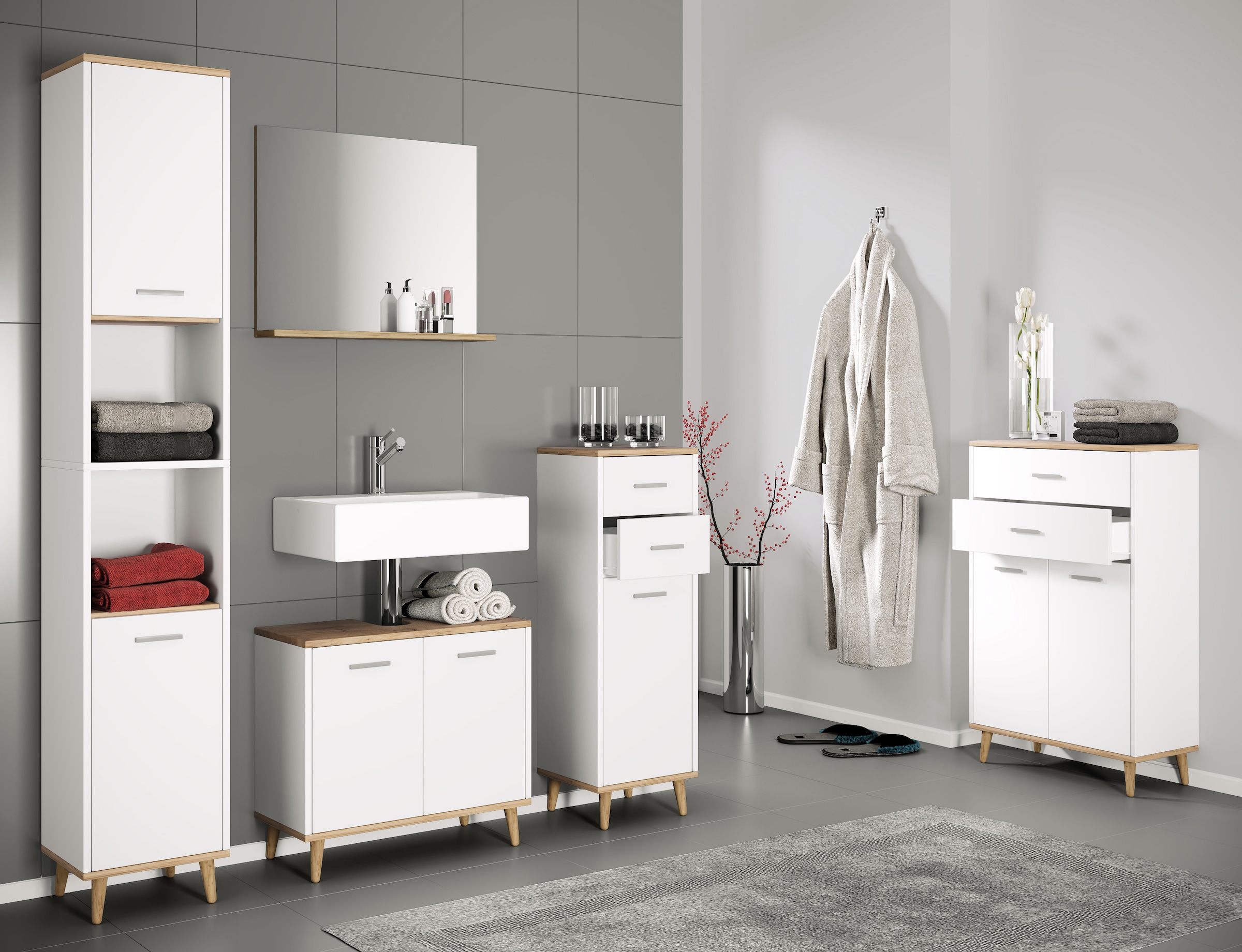 VCM Waschbeckenunterschrank »VCM 4-tlg. Badmöbelset | Badmöbel | Set aus Unterschrank, Midischrank, Hochschrank und Spiegel | Badezimmermöbel - Landos«, (4 St.)