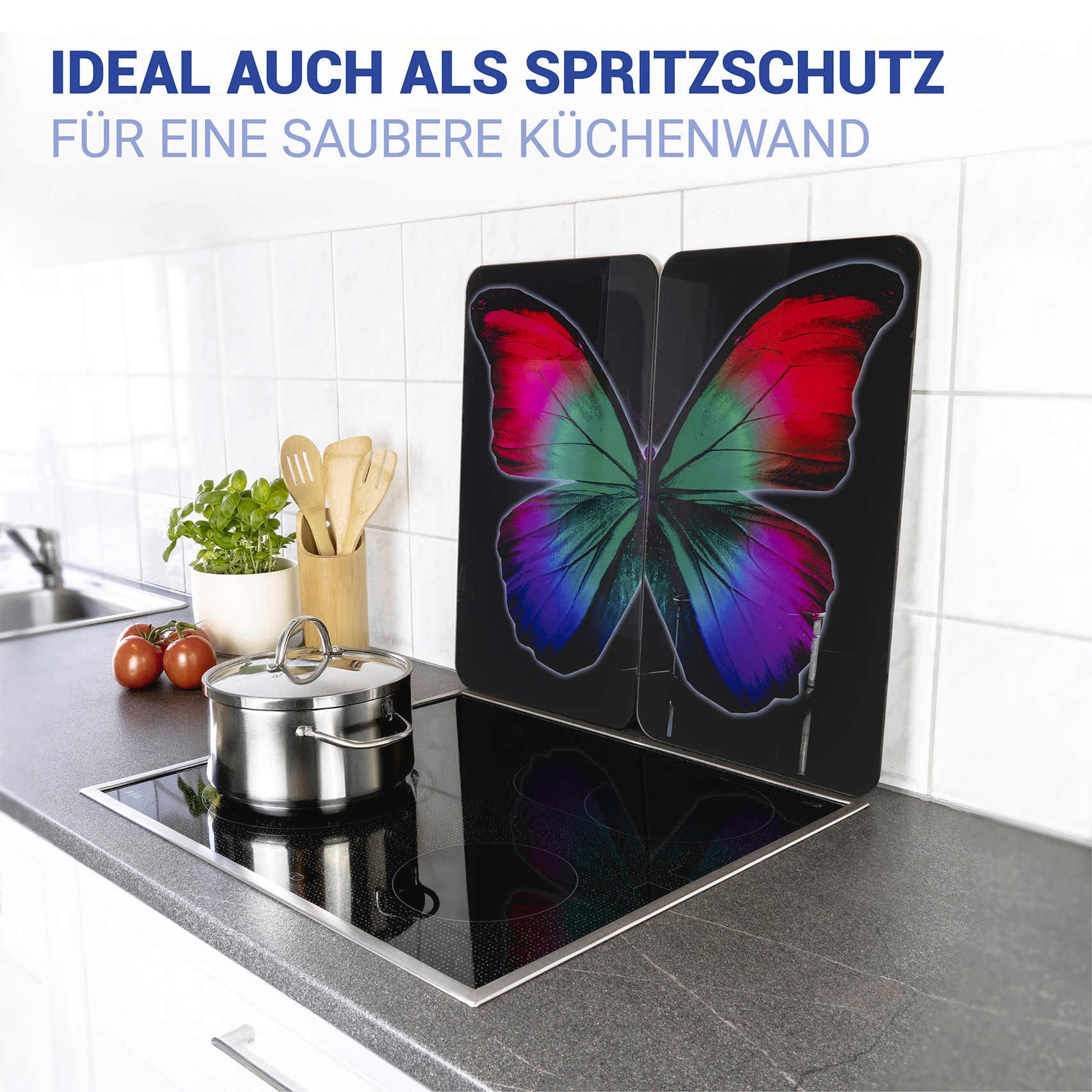 WENKO Herd-Abdeckplatte »Universal Modell Butterfly by Night«, (Set, 2 tlg.), Herdabdeckung für alle Herdarten, kratzfest, mit rutschfesten Füßen