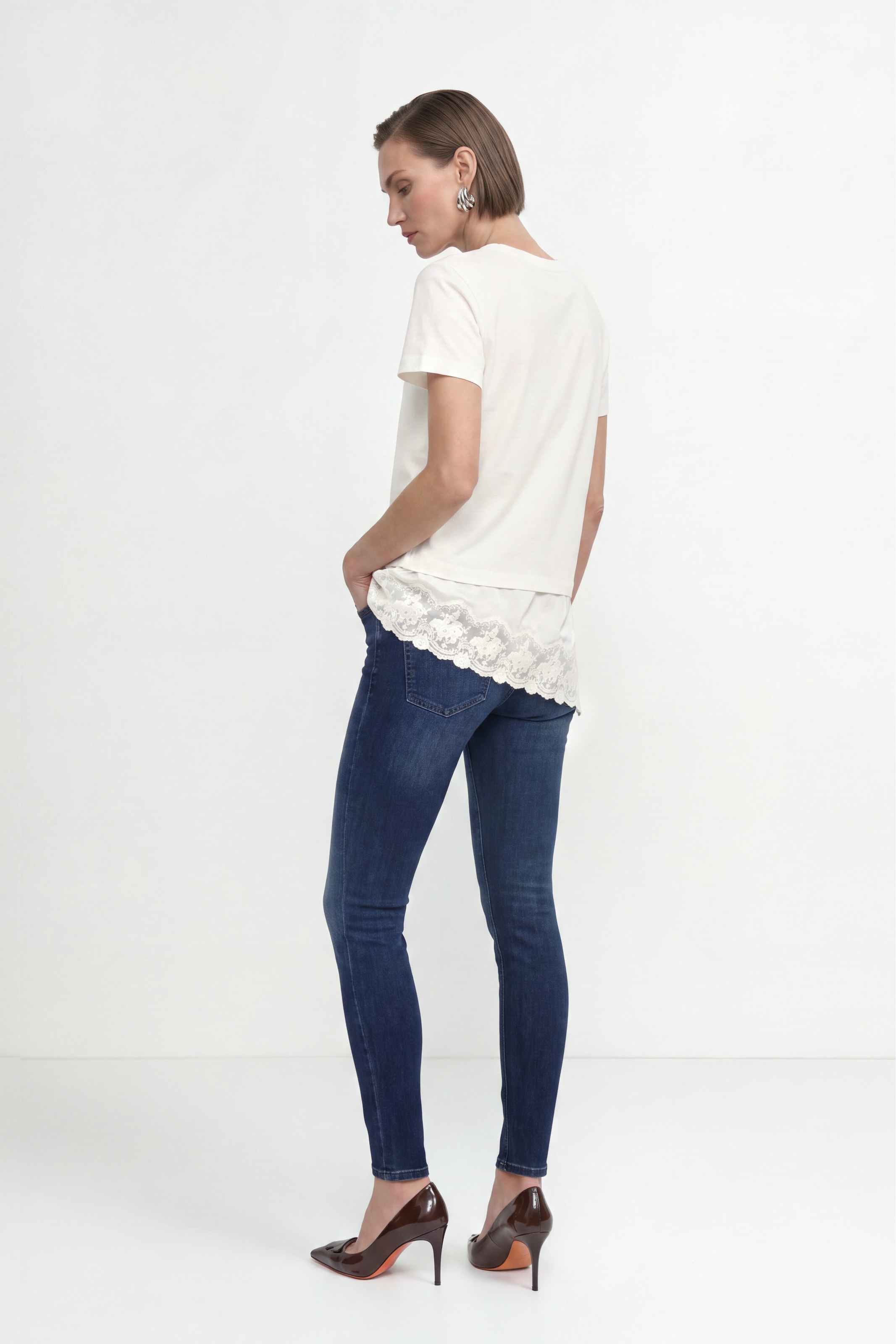 RICHROYAL T-Shirt Floraler Spitzenbesatz am Saum, asymmetrisch