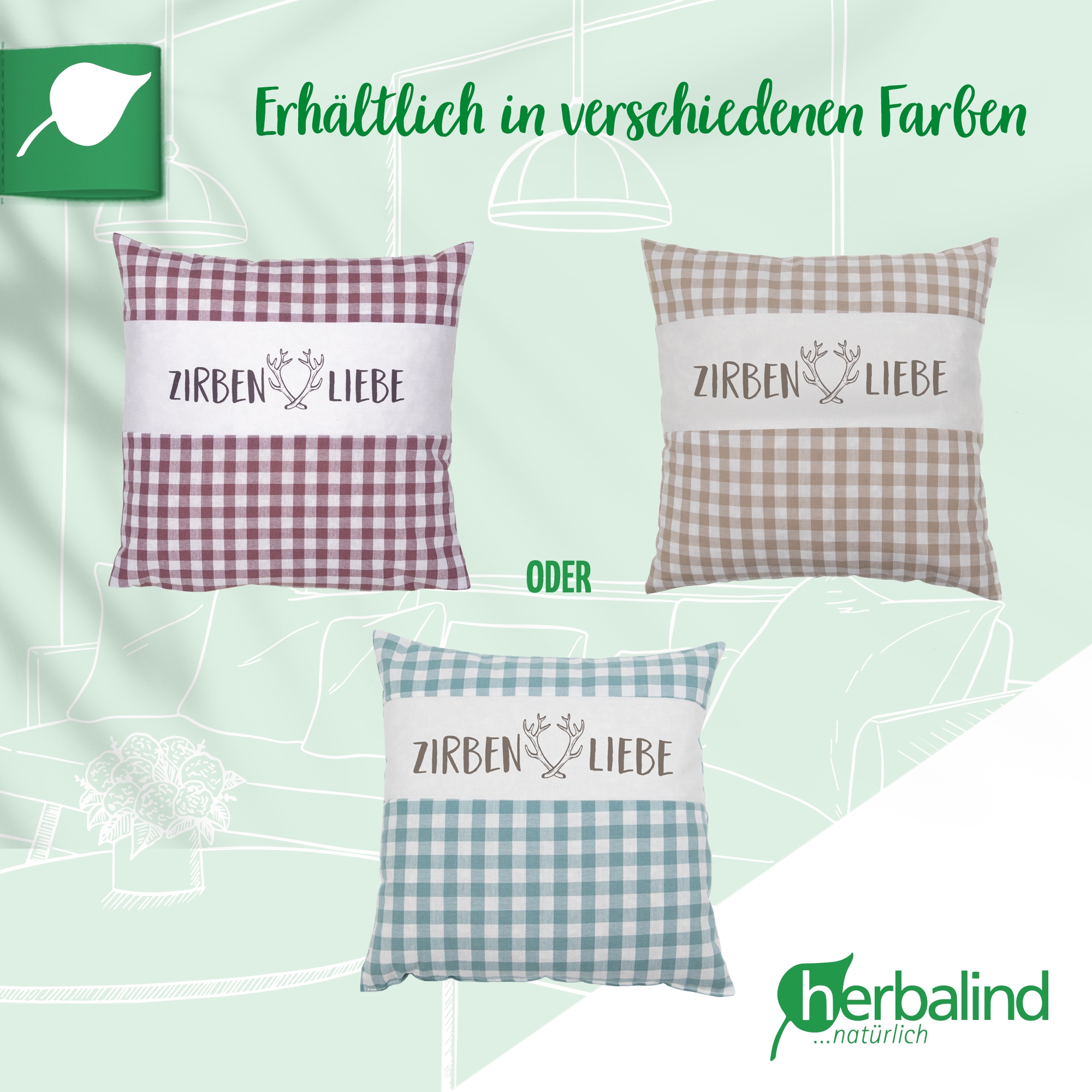 herbalind Duftkissen »als Geschenk 30x30 in mint Dekokissen Zirbenliebe mit Reißverschluss«, (1 St.), 100% Zirbenholzflocken und Baumwolle Handmade in Germany