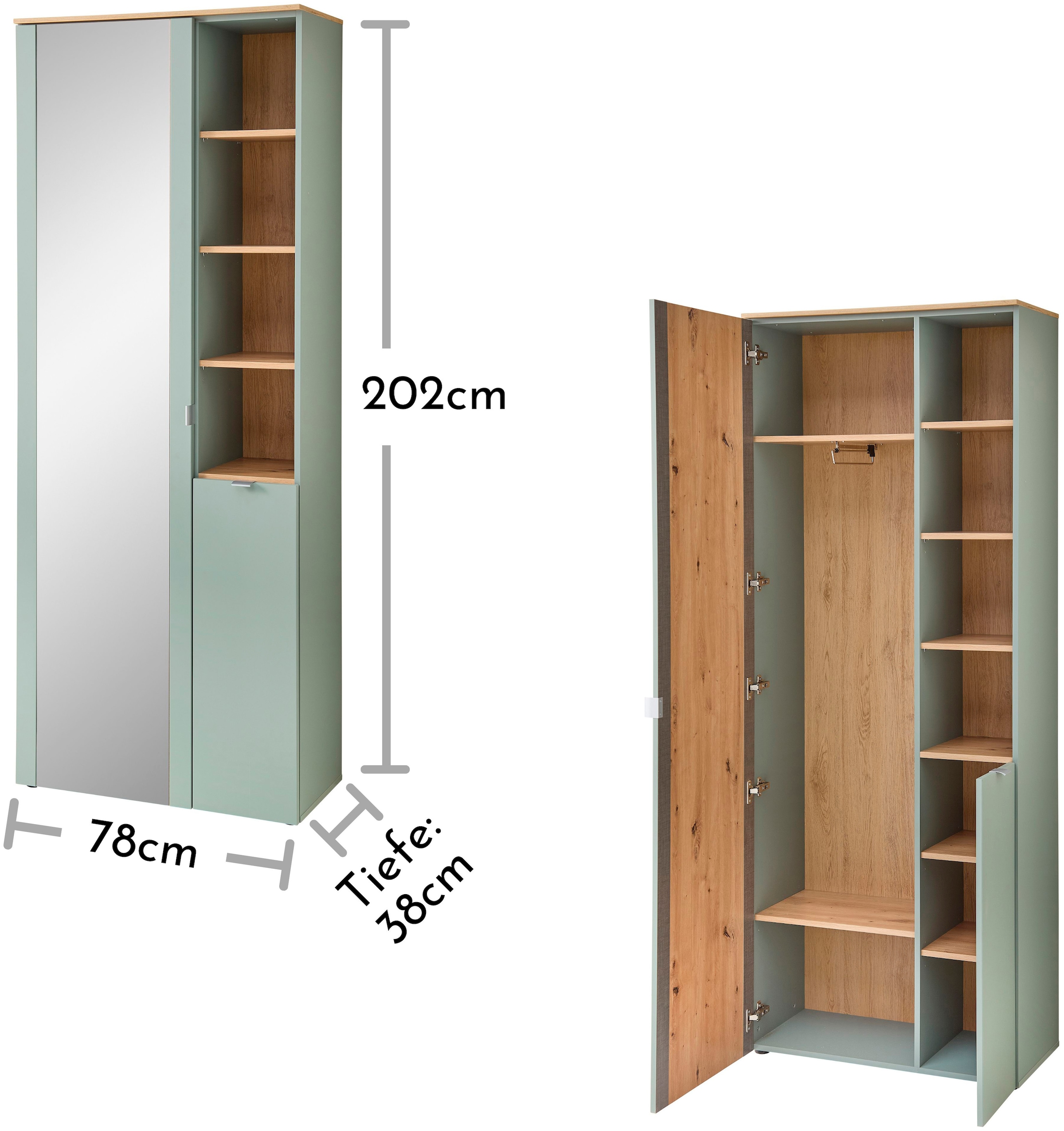 Innostyle Garderobenschrank »BARI Garderobenschrank mit Spiegel, BxHxT 78x202x38 cm«, (1 St.), 2 türig, 10 Fächer, Softclose, ABS Kantenschutz, Kleiderstange