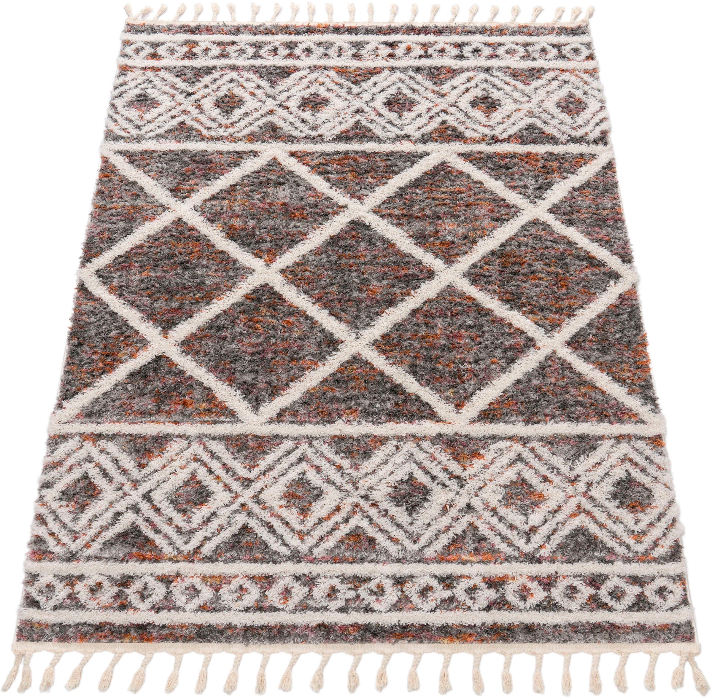 Paco Home Hochflor-Teppich »Monza 651« rechteckig 34 mm Höhe meliert, Rauten Muster, 3D-Effekt, mit Fransen