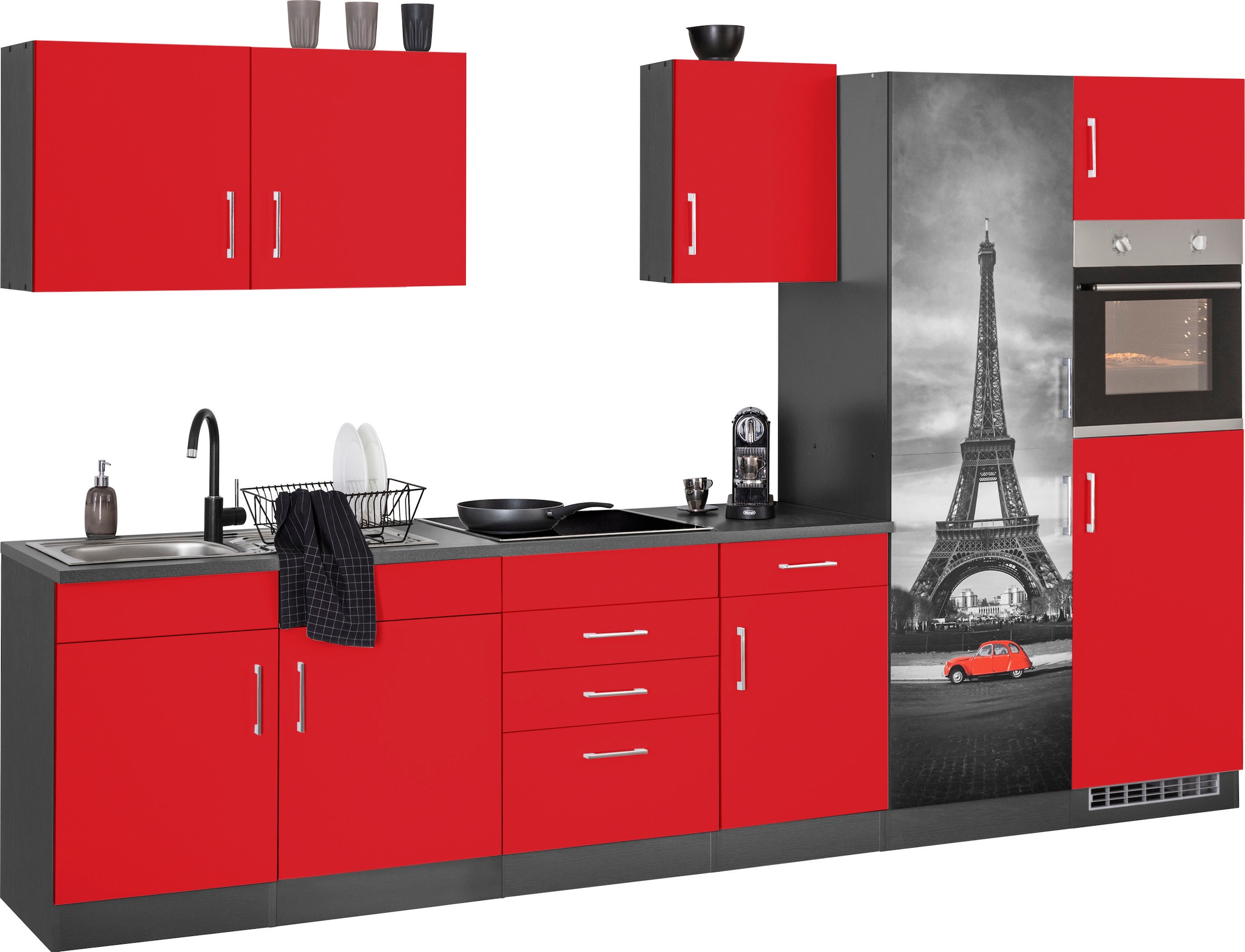 KOCHSTATION Küchenzeile »KS-Paris – Küchen mit einzigartigen Fotomotiven auf den Fronten« Breite 330 cm, wahlweise mit E-Geräten und Induktion