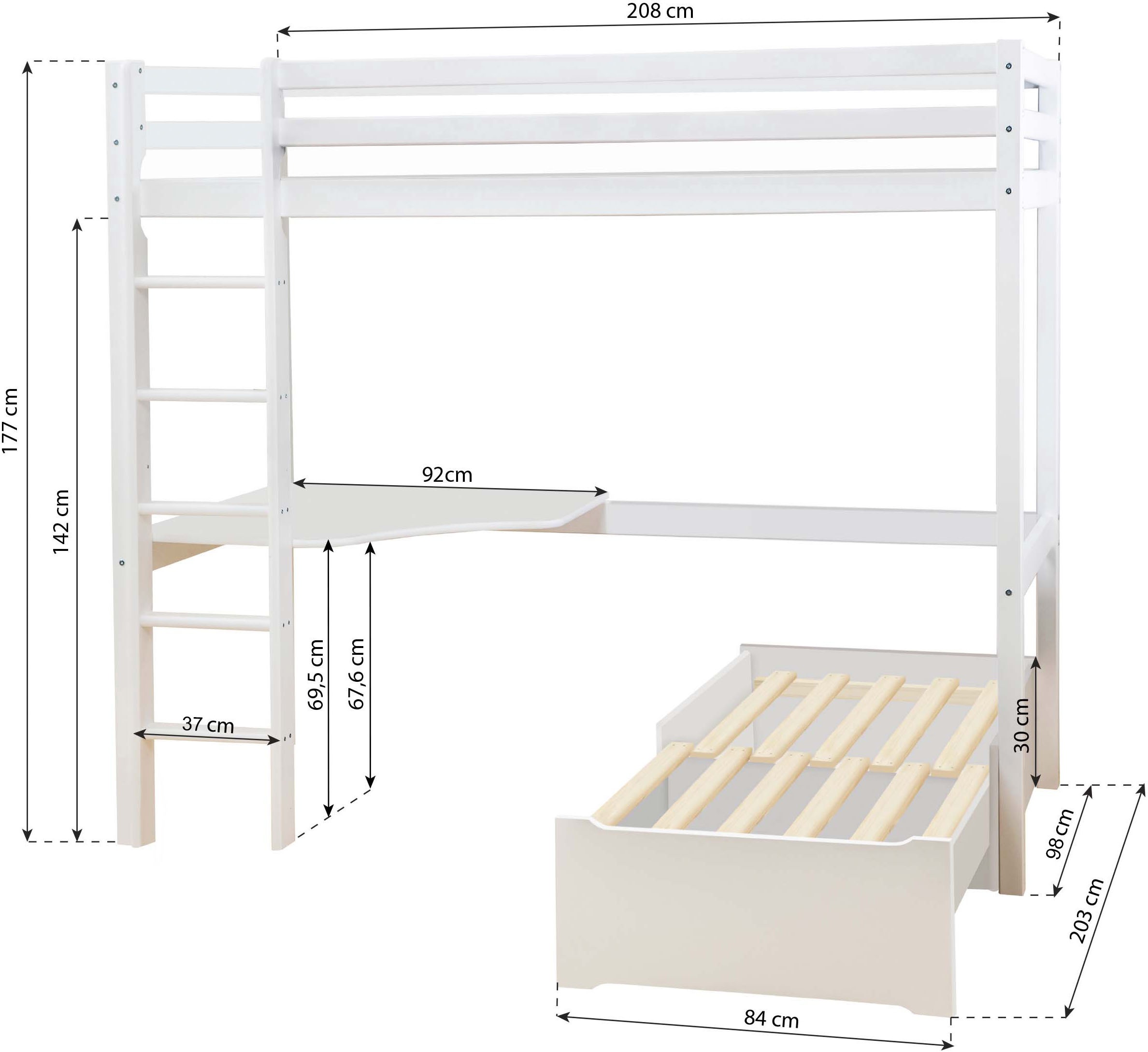 Hoppekids Hochbett »ECO Dream 90x200 mit Schreibtisch & Loungesofa / Gästebett«, Kinderbett aus Massivholz, Sofa ausziehbar zum Gästebett