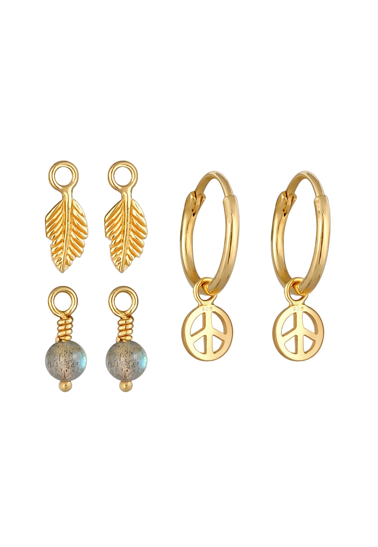 Elli Ohrstecker-Set »Ohrringe Creolen 3-Set Peace Feder Labradorit 925 Silber«