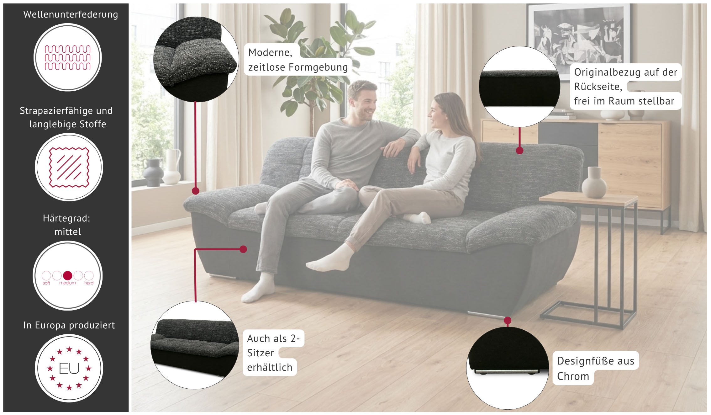 OTTO home 3-Sitzer »Saltrum 232 cm breit, formschön, komfortabel« mit Ziernähen in Rücken und im Sitz, pflegeleichter Bezug