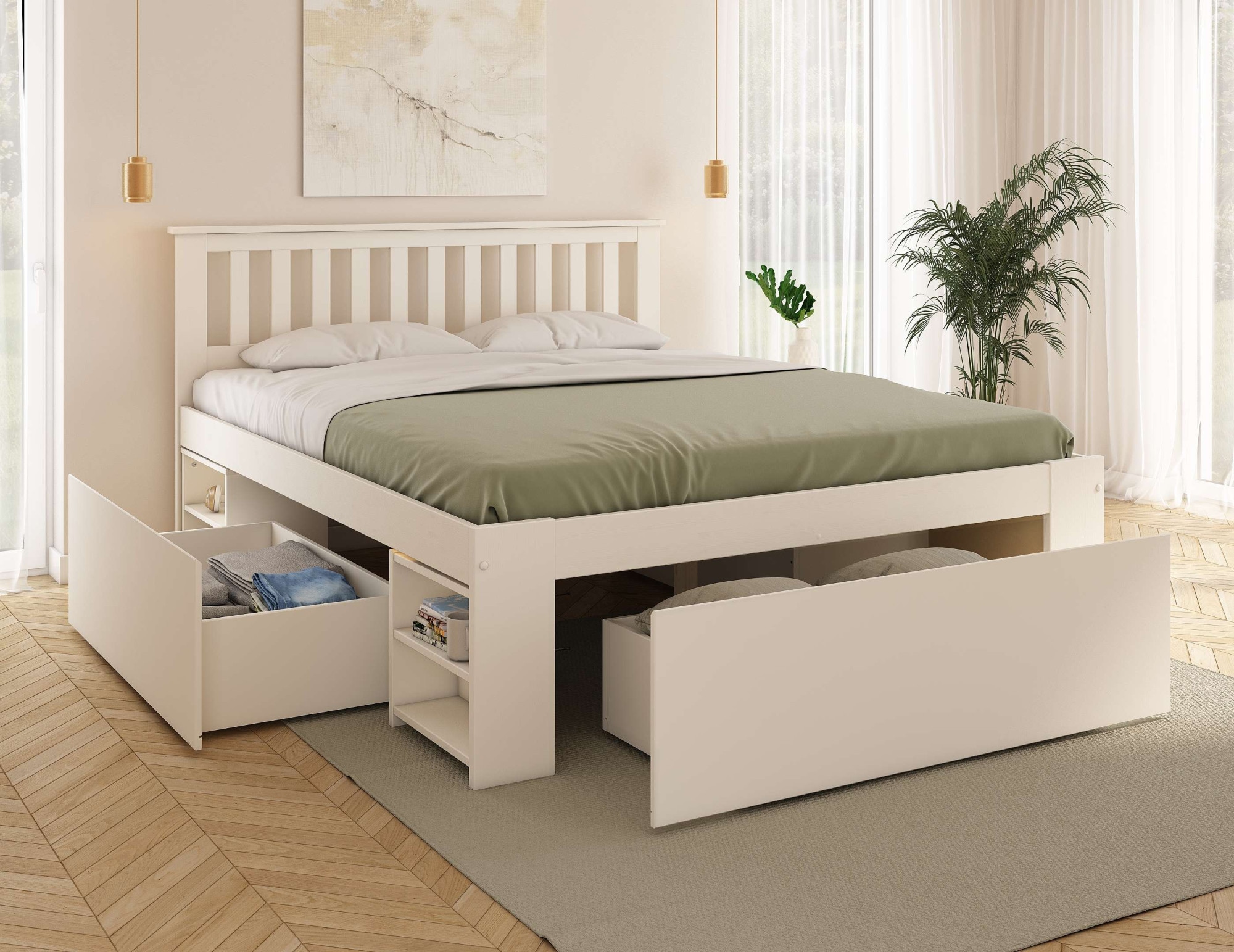 OTTO home Massivholzbett »Kallvin, maximaler Stauraum, 3 Bettkästen, Nachtschränke ausziehbar« inklusive Lattenrost, ideal fürs Jugendzimmer und kleine Räume, FSC®