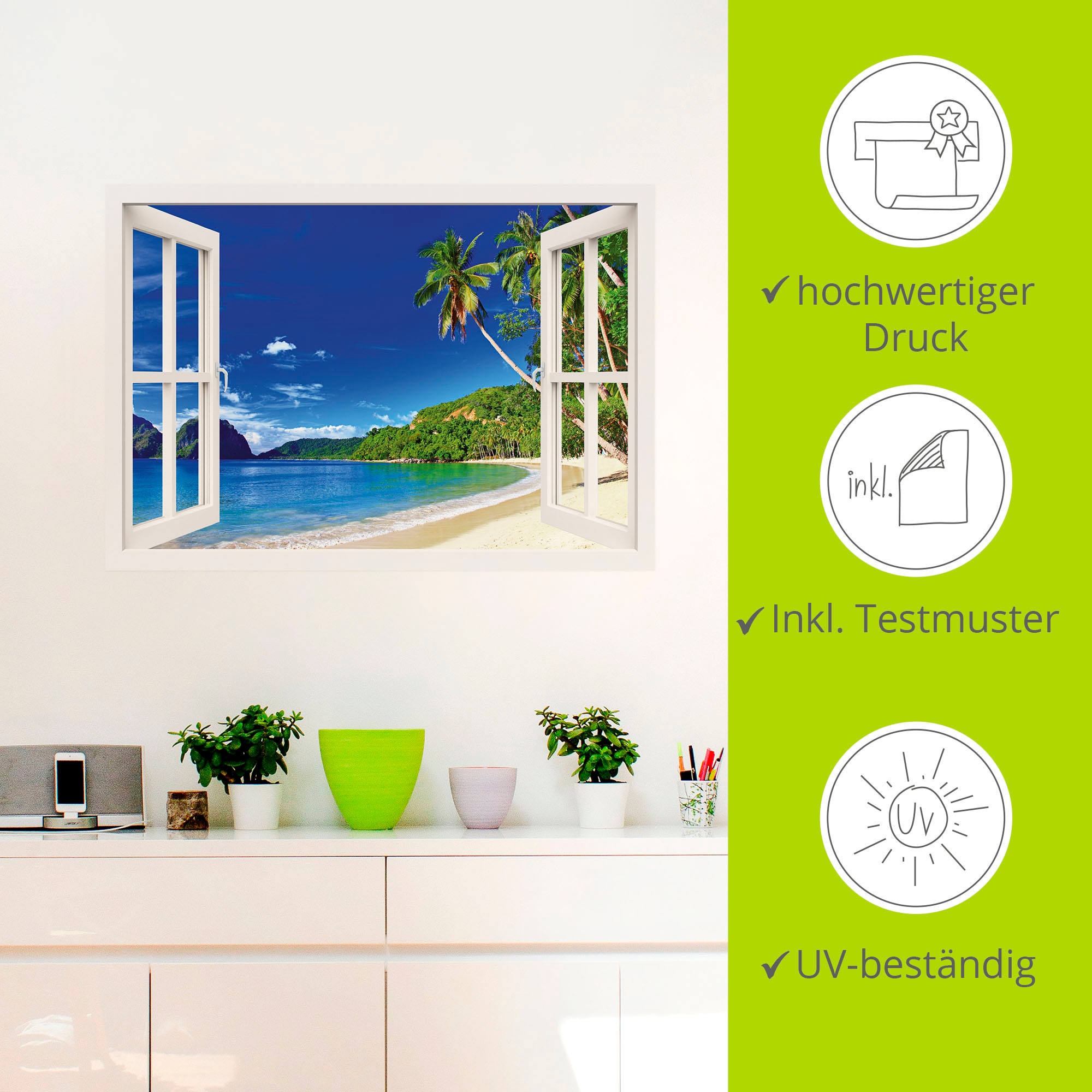 Artland Wandbild »Fensterblick Paradies«, Fensterblick, (1 St.), als Alubild, Outdoorbild, Leinwandbild, Poster, Wandaufkleber