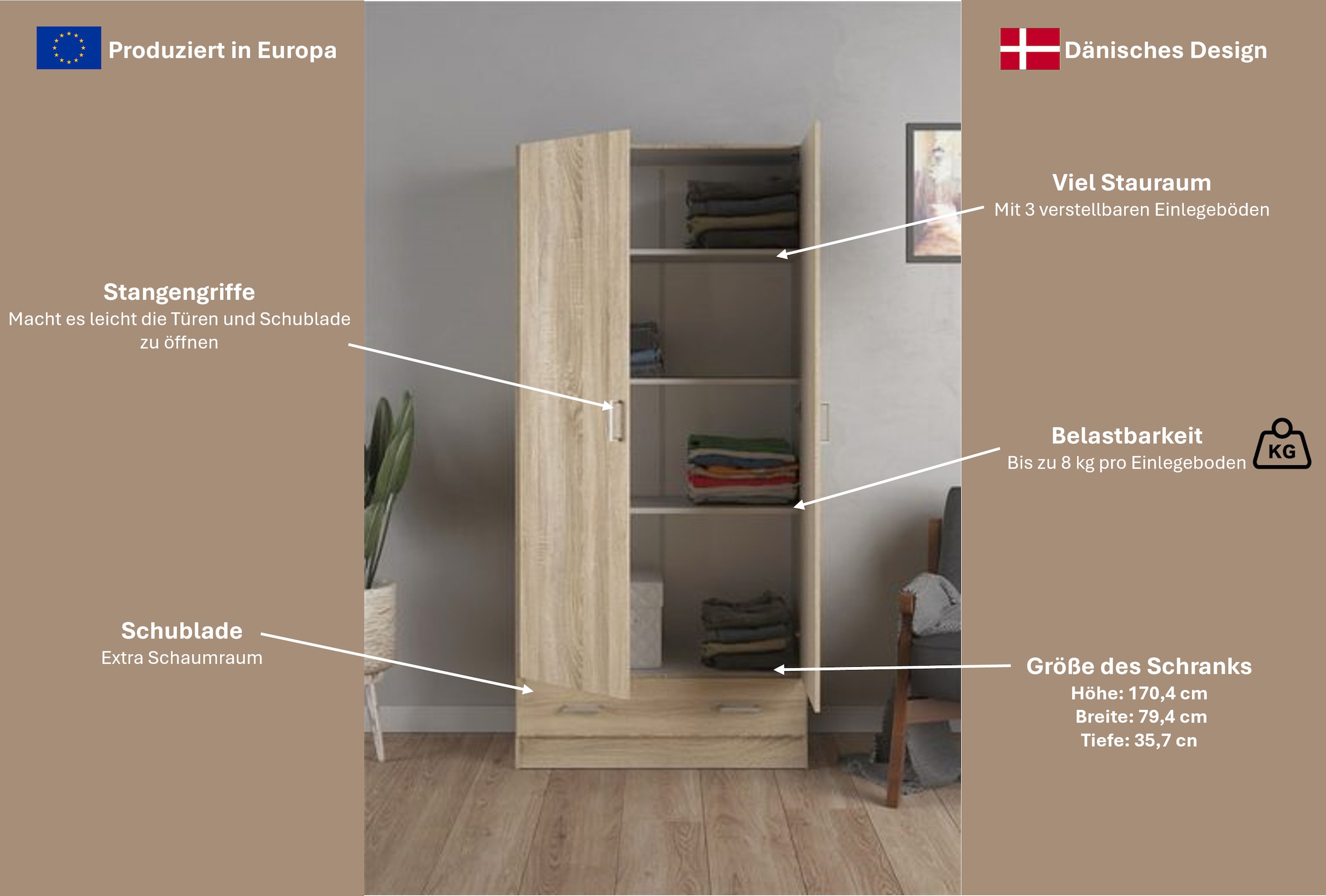 Home affaire Kinderkleiderschrank, Mit viel Stauraum, graue Stangengriffe, Gr. ca. 170,4 x 79,4 x 35,7 cm