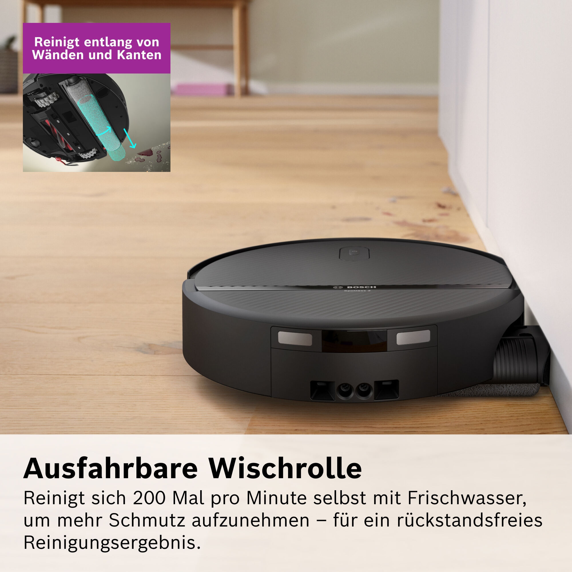 BOSCH Saugroboter »mit Wischfunktion Spotless 2 Advanced BCR2S2BX/BCR2S2WX« ausfahrbare Wischrolle, 27.000 Pa Saugkraft, smarte Fleckenentfernung