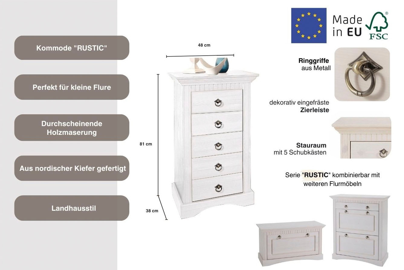 Home affaire Kommode »Rustic«, Breite 48cm, aus massiver Kiefer, FSC®-zertifiziert