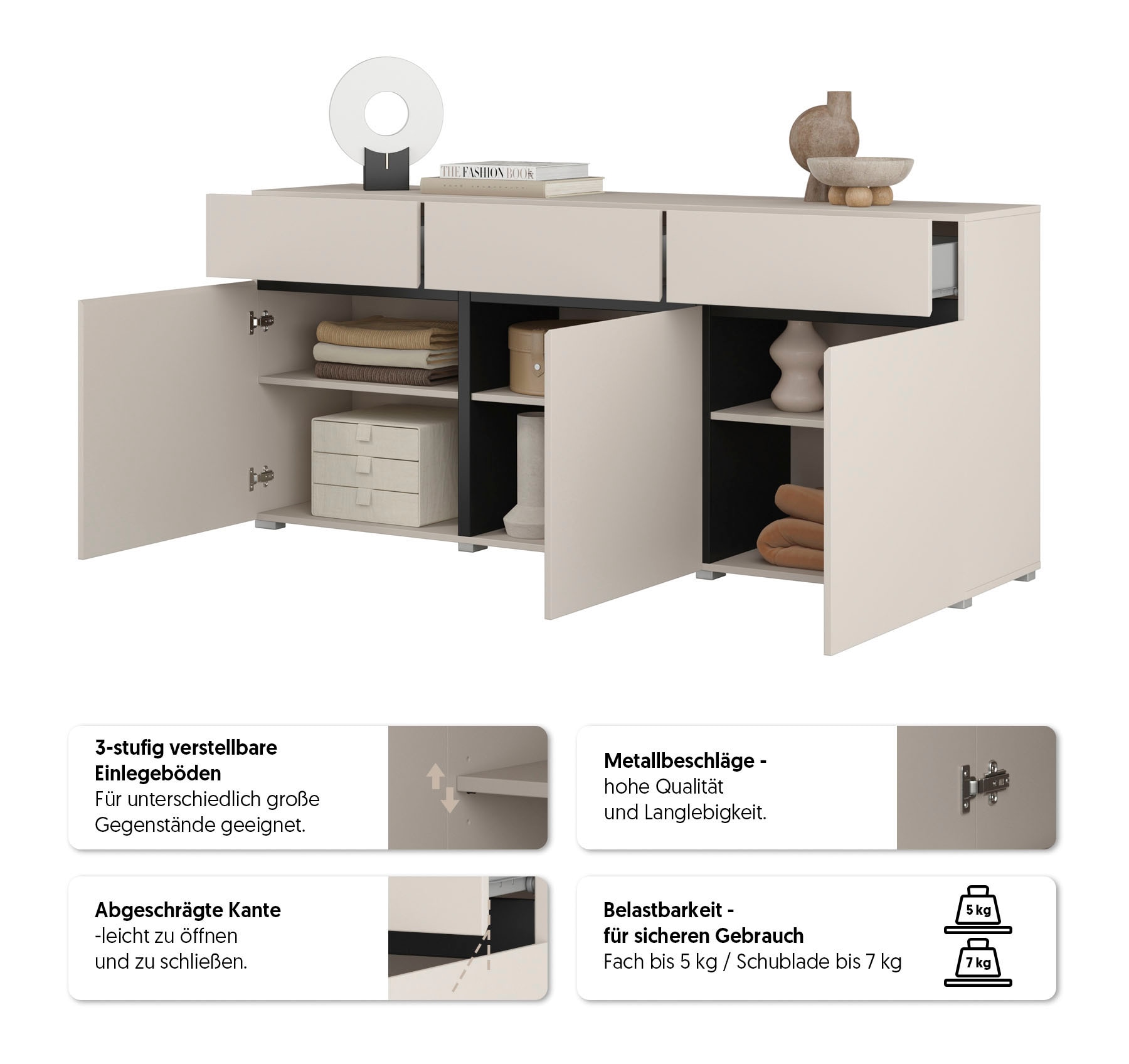 OTTO home Sideboard »Cross,Breite 180 cm, moderne grifflose Kommode,3 Türen/3 Schubkästen« Schubladenschrank mit viel Stauraum, Einlegeböden verstellbar