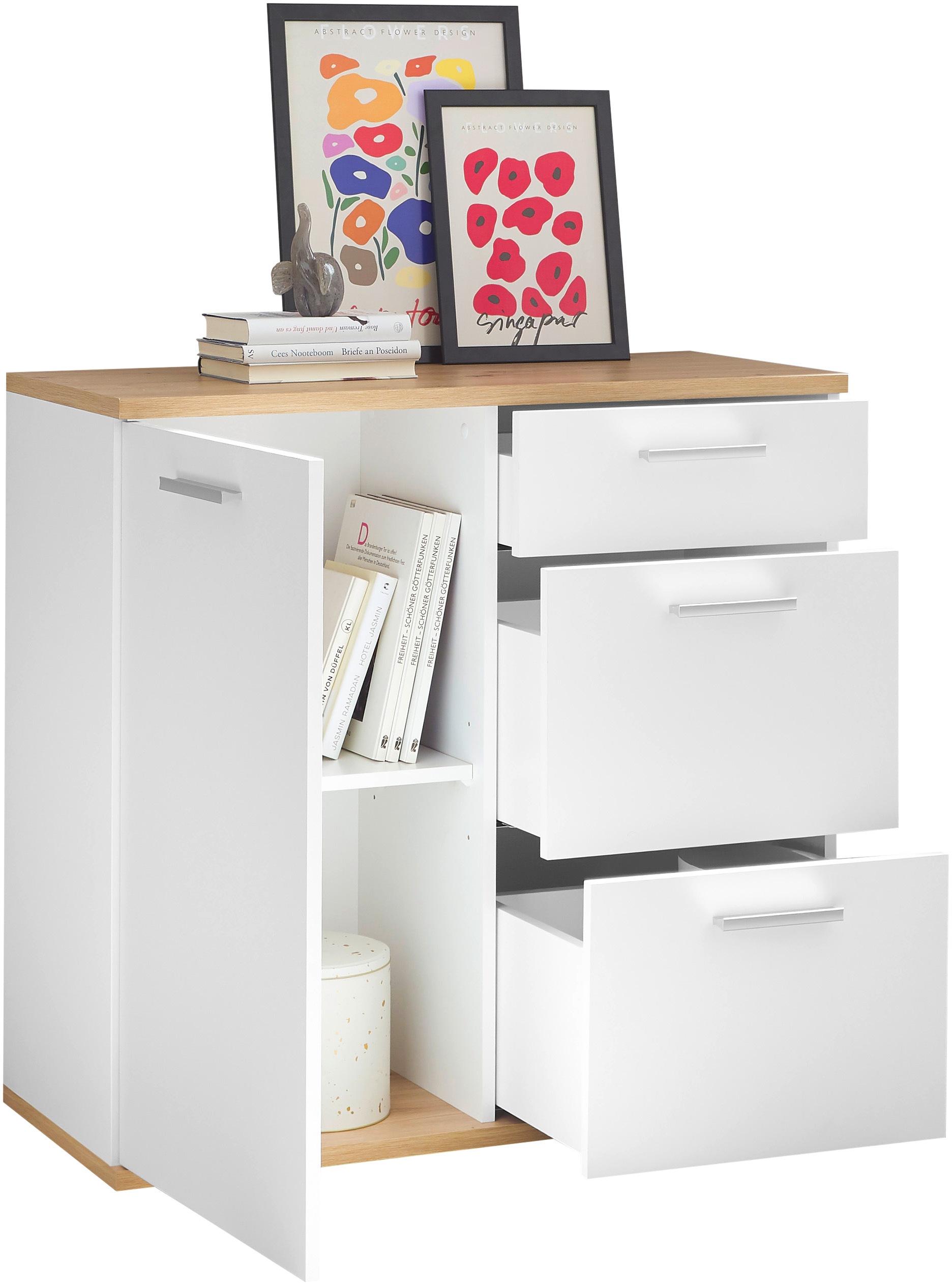 HBZ Kommode »BC1035 weiß matt, BxHxT 95x86x38 cm« Kommode mit 1 Tür, 3 Schubkästen, 1 Einlegeboden