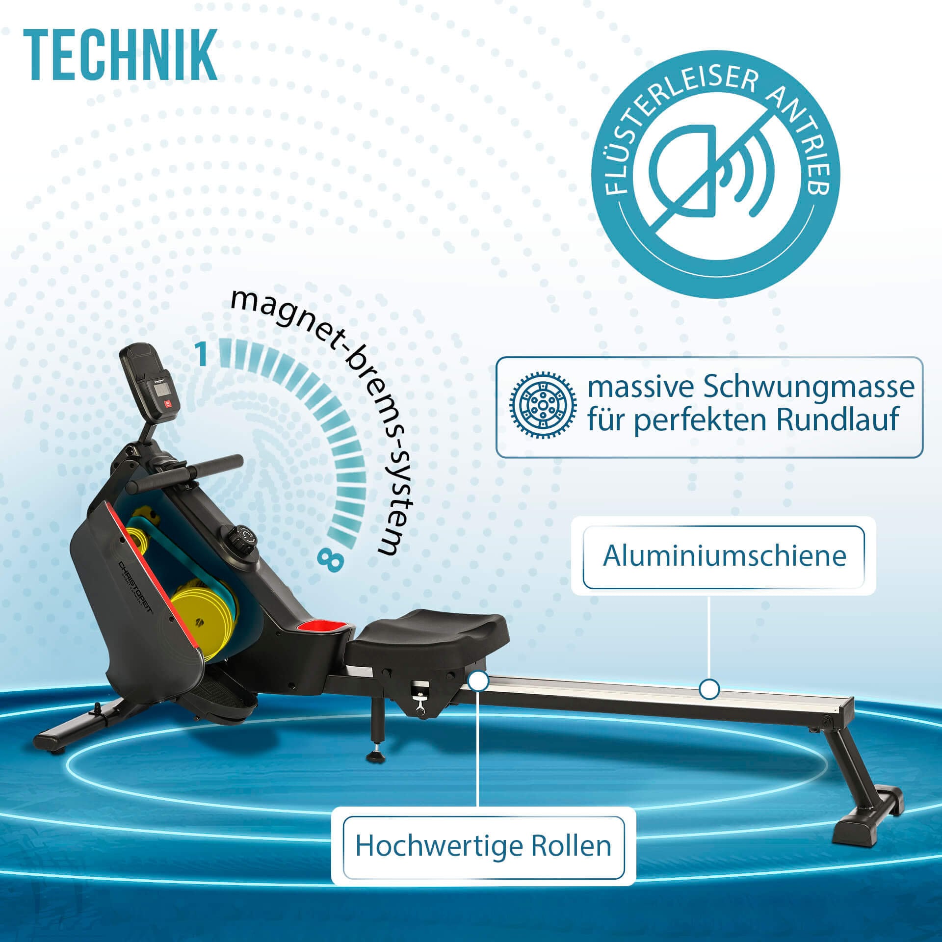 Christopeit Sport® Rudergerät »RW 1000«, (Bluetooth Verbindung für optionalen BT-Pulsgurt; Bluetooth Verbindung), Rudermaschine, 8 Widerstandsstufen