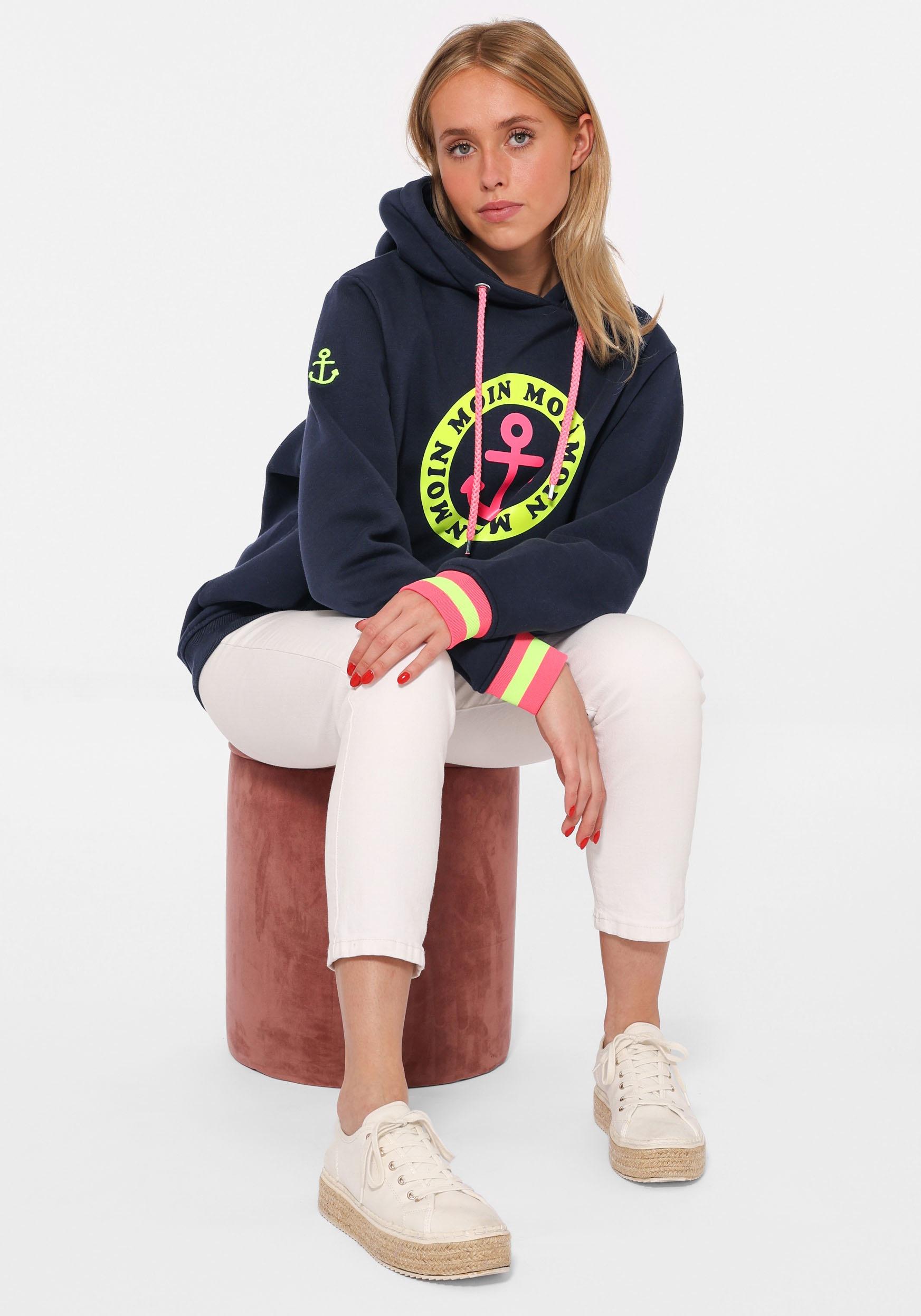 Zwillingsherz Hoodie, mit Aufschrift Moin und Anker in Neonfarben