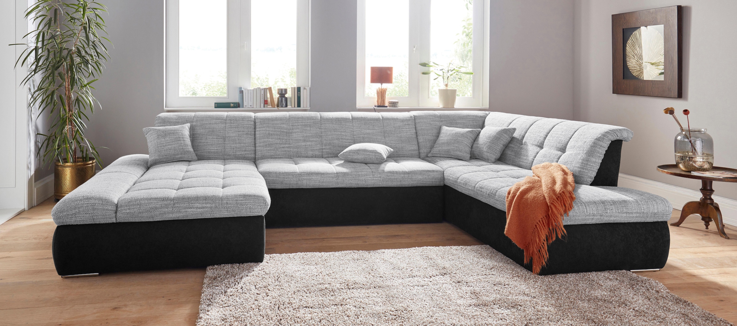 DOMO collection Wohnlandschaft "PB MORIC wahlweise mit Bettfunktion und Armteilverstellung U-Form" XXL-Format B/T/H: 353/216/80 cm, feine Steppung, incl. Zierkissen
