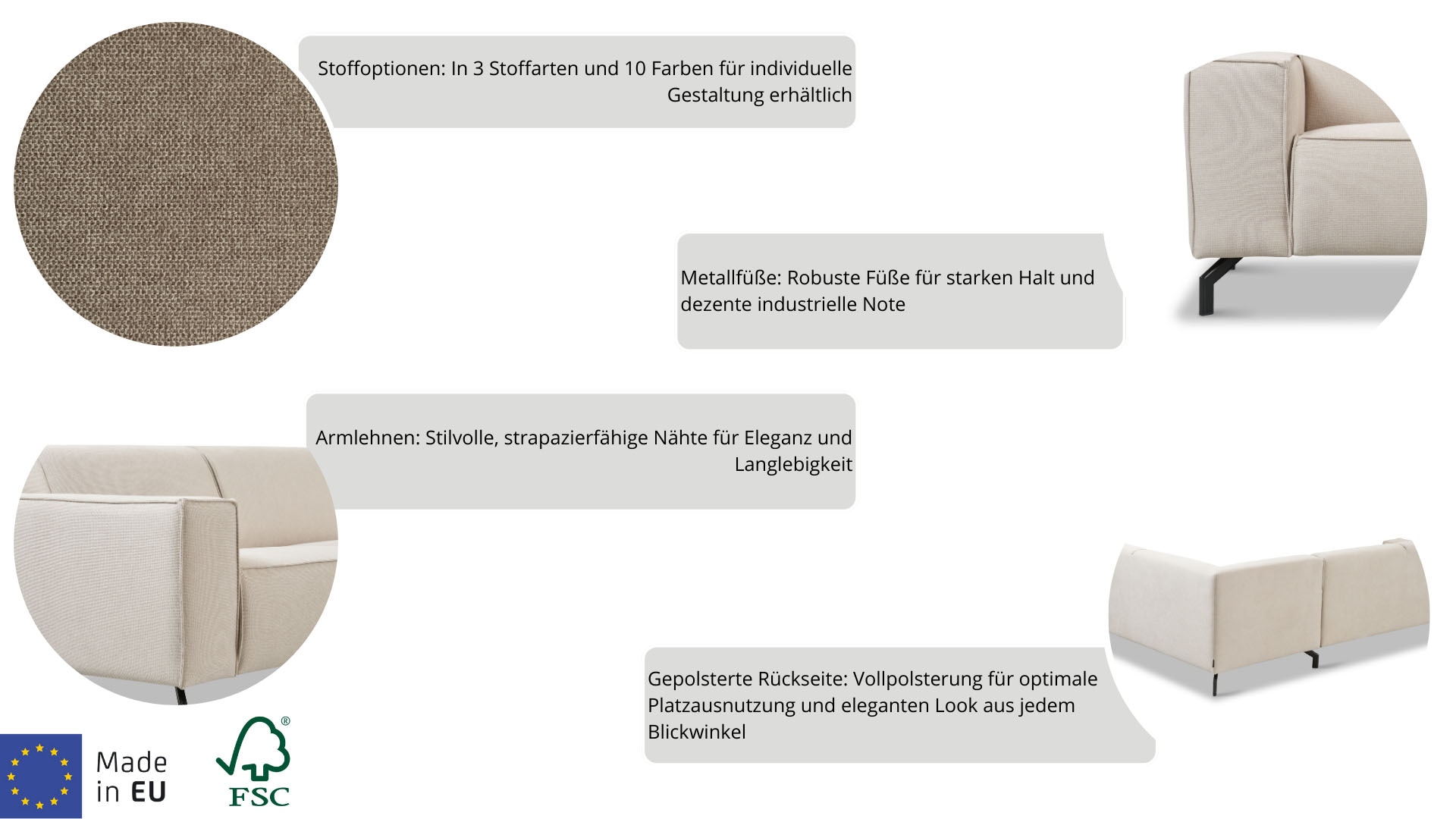 Places of Style Ecksofa Lorcan, in Lederoptik oder Strukturstoff lieferbar