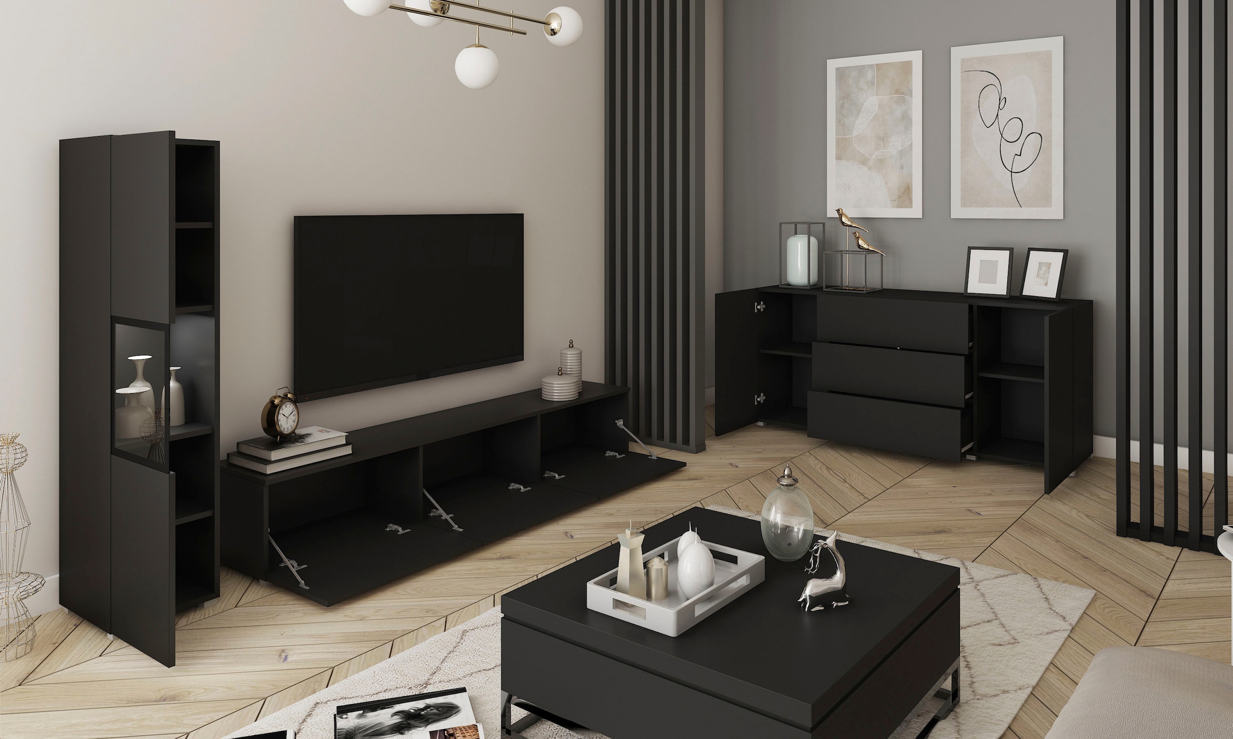 INOSIGN Wohnwand »BERLIN I, Vitrine Türschlag links/rechts wechselbar«, (Komplett-Set, 2 St.), moderne grifflose Mediawand Breite 220 cm, Vitrine mit Verglasung