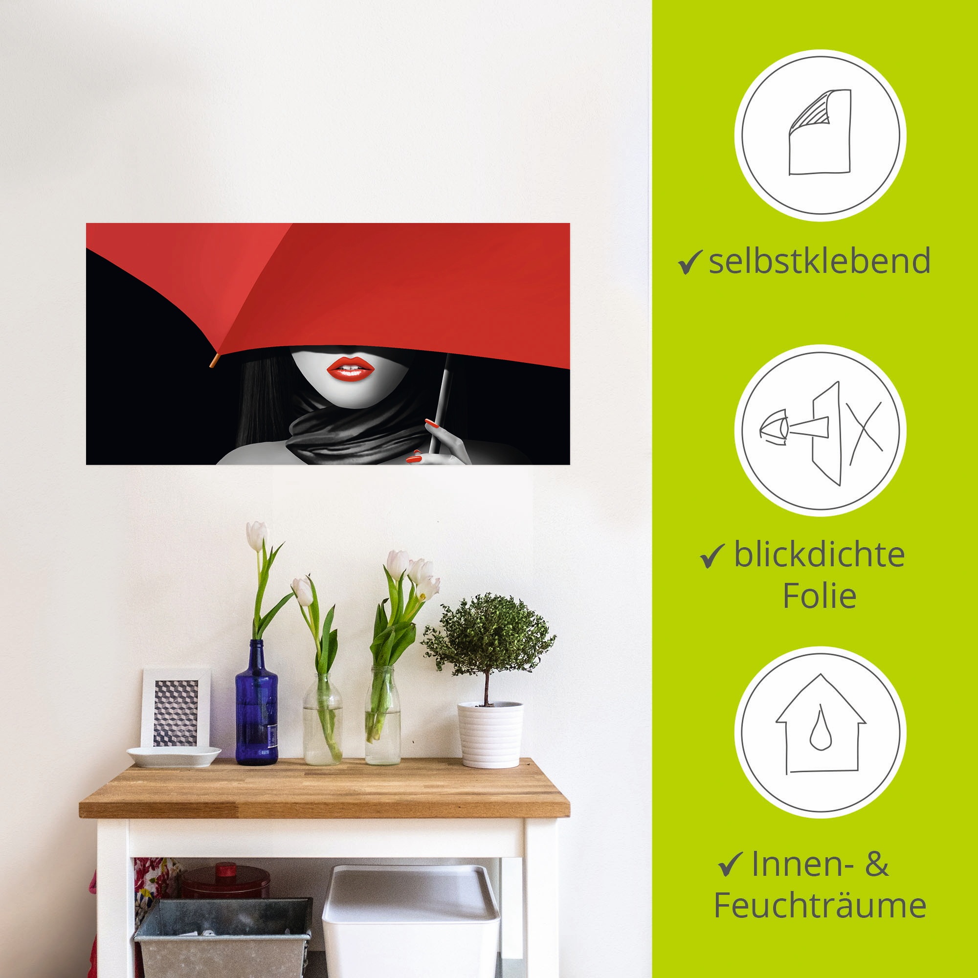 Artland Wandbild »Rote Lippen unter dem Regenschirm«, Frau, (1 St.), als Alubild, Outdoorbild, Poster, Wandaufkleber in verschied. Größen