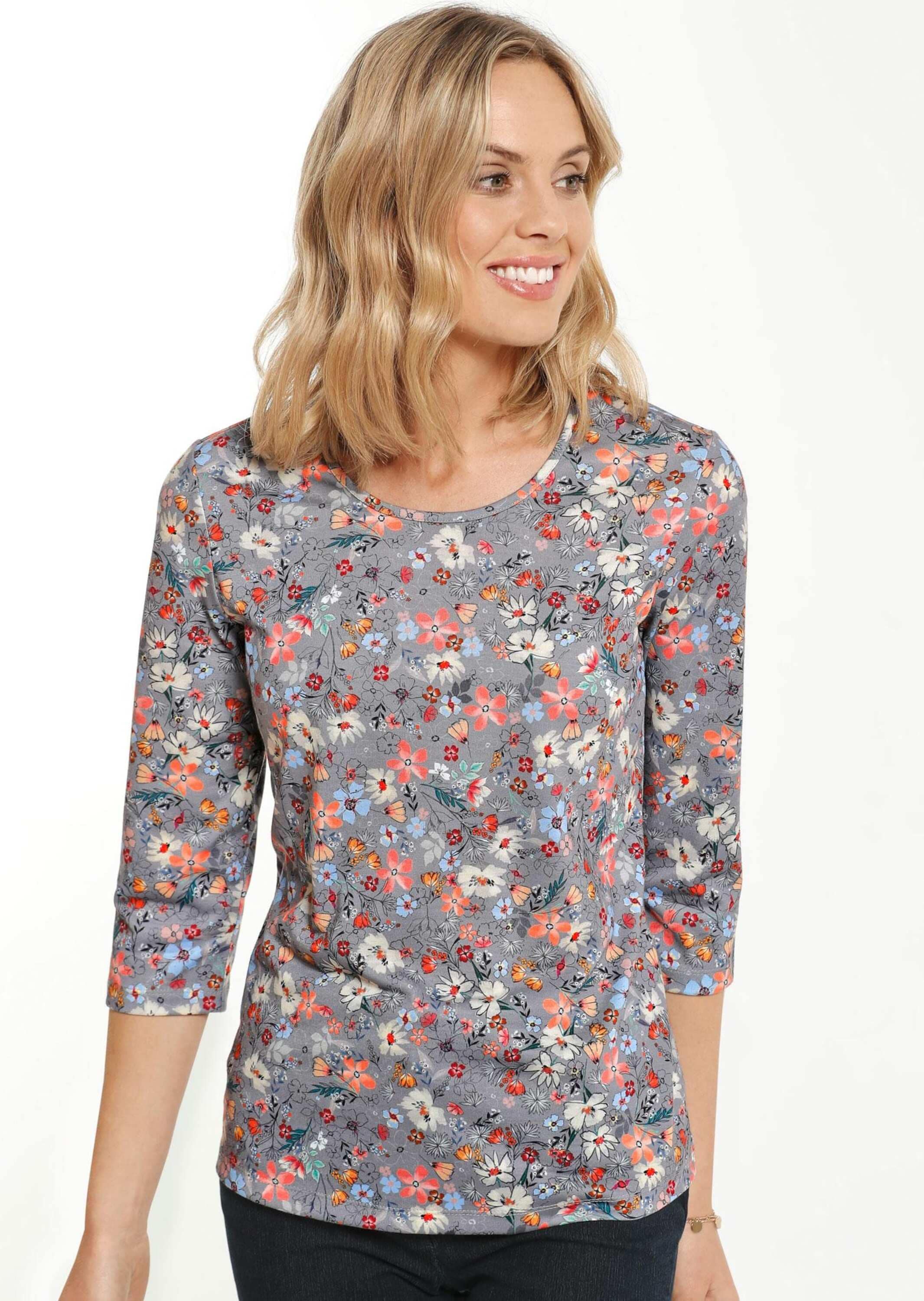 GOLDNER Print-Shirt »Kurzgröße Raffiniertes Druckshirt mit 3/4-Arm« Ohne