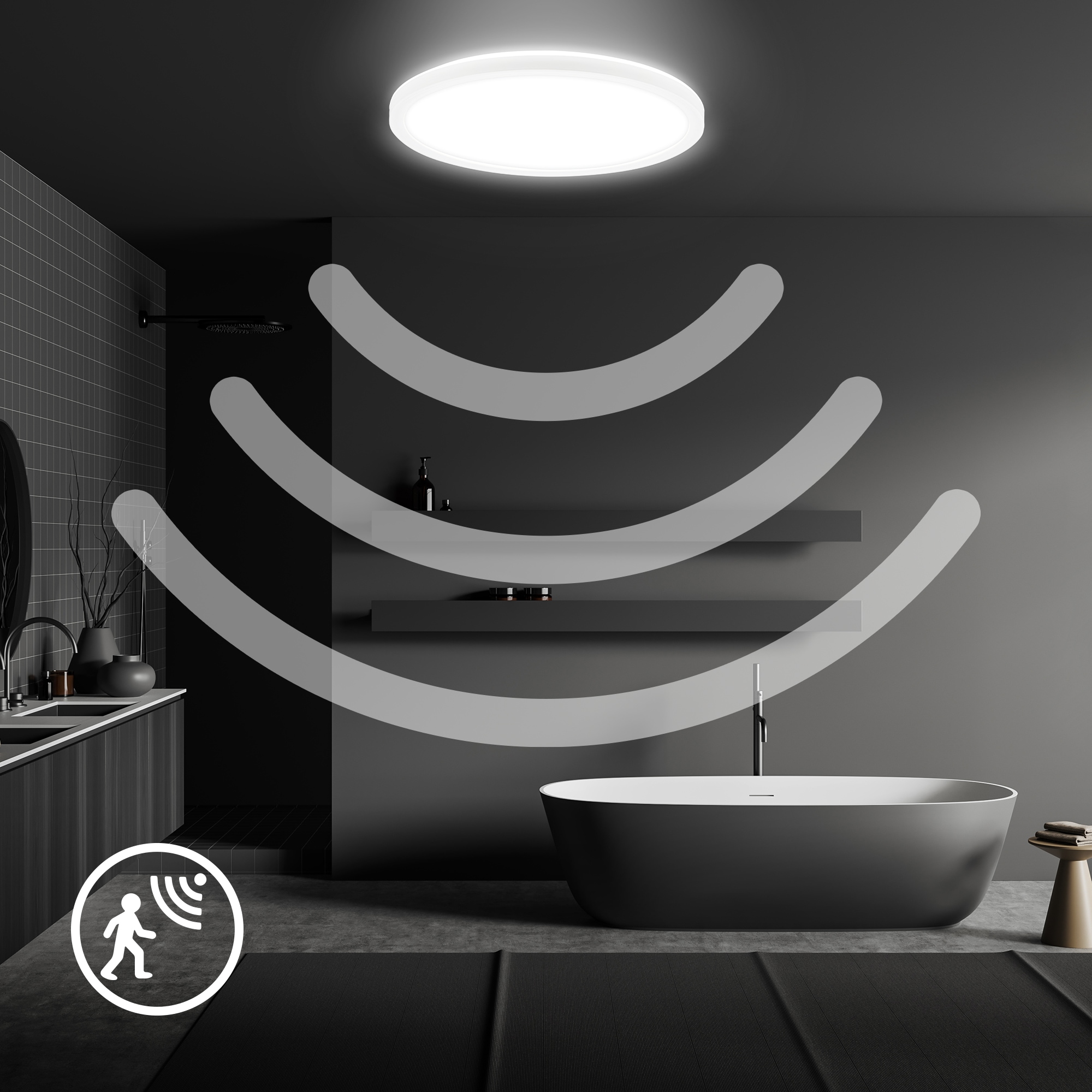 B.K.Licht LED Deckenleuchte »BKL1604 Ultraflache LED Badleuchte, mit Microwavesensor, IP44« LED-Modul 1 Stk. Neutralweiß 4.000K, 2.400 Lm, 18W, indirekte Hintergrundbeleuchtung, ⌀29cm, Weiß