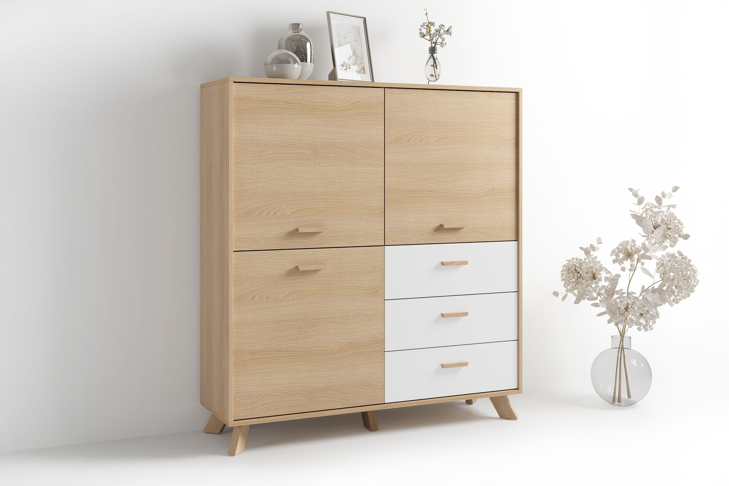 byLIVING Highboard "Bastian" 1 Stk. tlg. mit massiven Holzfüßen und Griffen, natürlicher Eichenlook, 120cm