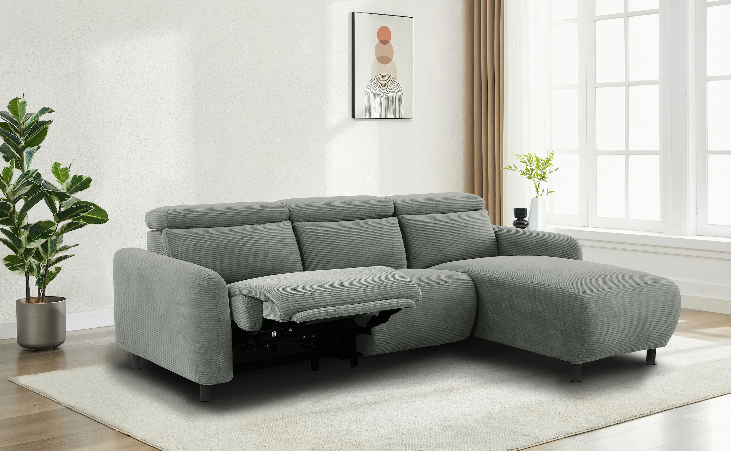 Home affaire Ecksofa »SKAANE in Cord, L-Form, 274 cm, manuelle u. elektrische Funktion,«, rundes Design, Kopfteilverstellung, Federkernpolsterung