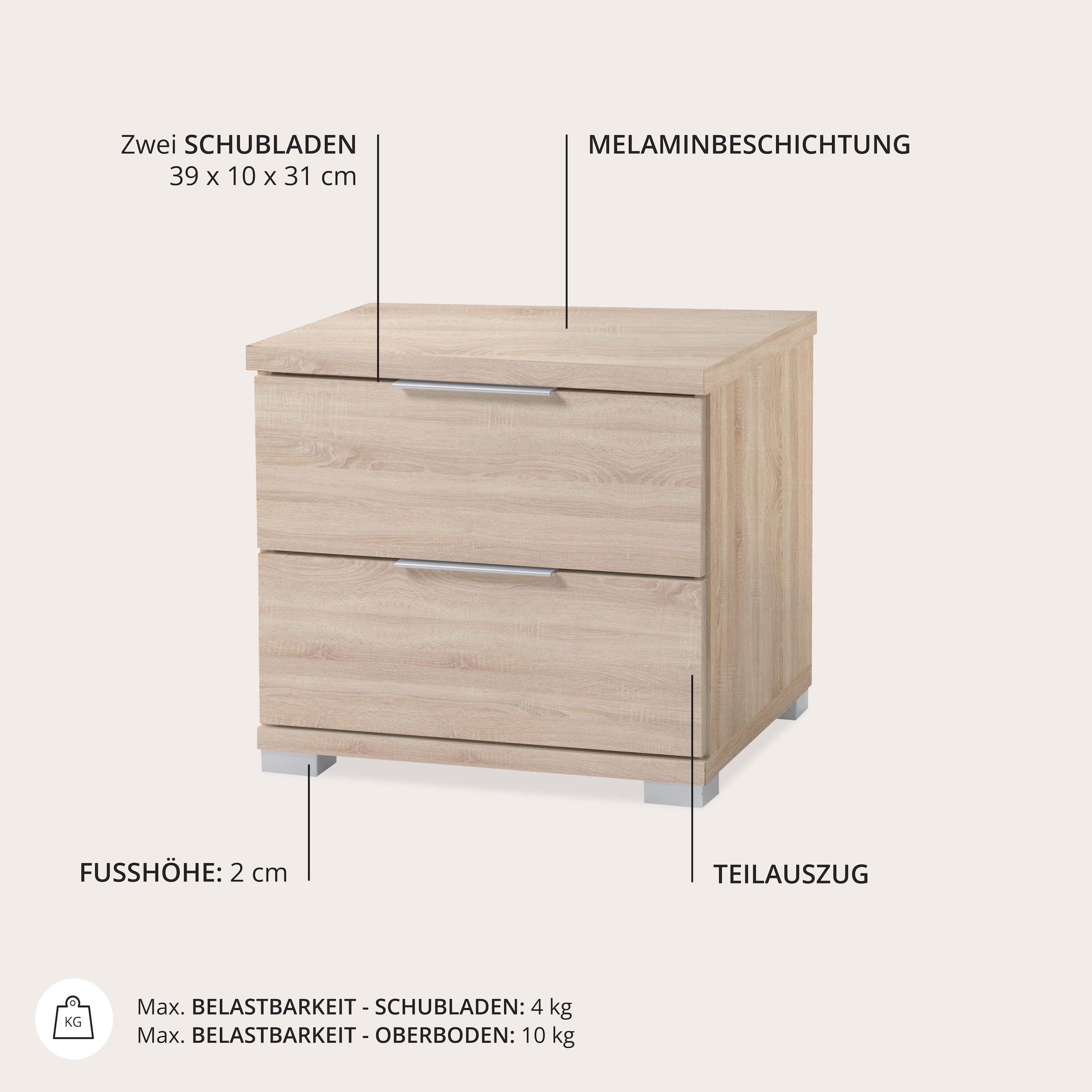 Schlafkontor »Smilla Nachttisch, Nachtkonsole mit Schubkästen« Korpus melaminbeschichtet, silberfarbige oder schwarze Griffe