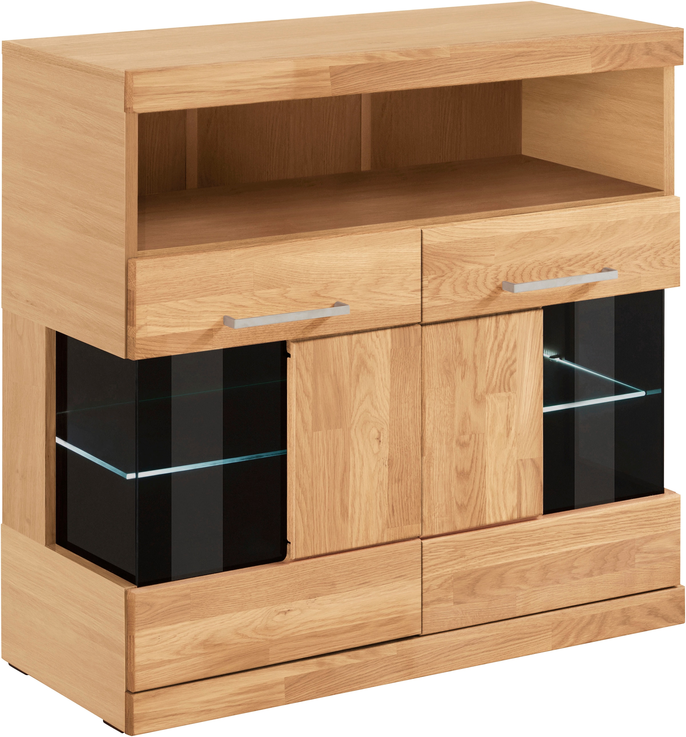 Home affaire Kommode »Ribe 85cm breit,35 cm tief, Fronten Massivholz,2 Türen mit Glaseinsatz«, Holz massiv, Holzwerkstoff,3 breite Fächer
