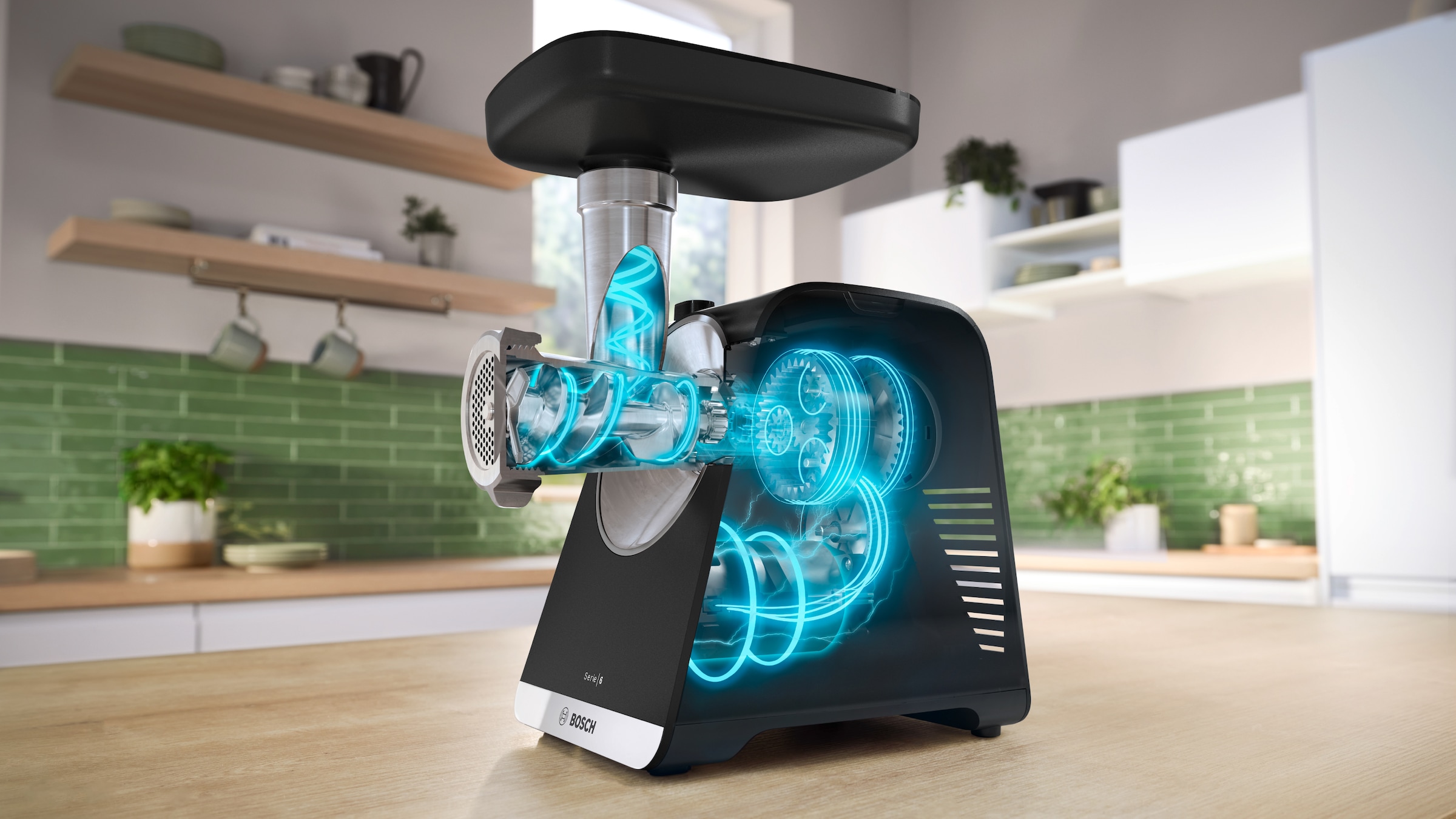 BOSCH Fleischwolf »Serie 6 MFWS650B, 3,5kg/Min., 2 Lochscheiben (3 & 8mm), schwarz«, 500 W, 2 Stufen, Rücklauf, Wurststopfer, 10 J Motorgarantie, Planetengetriebe