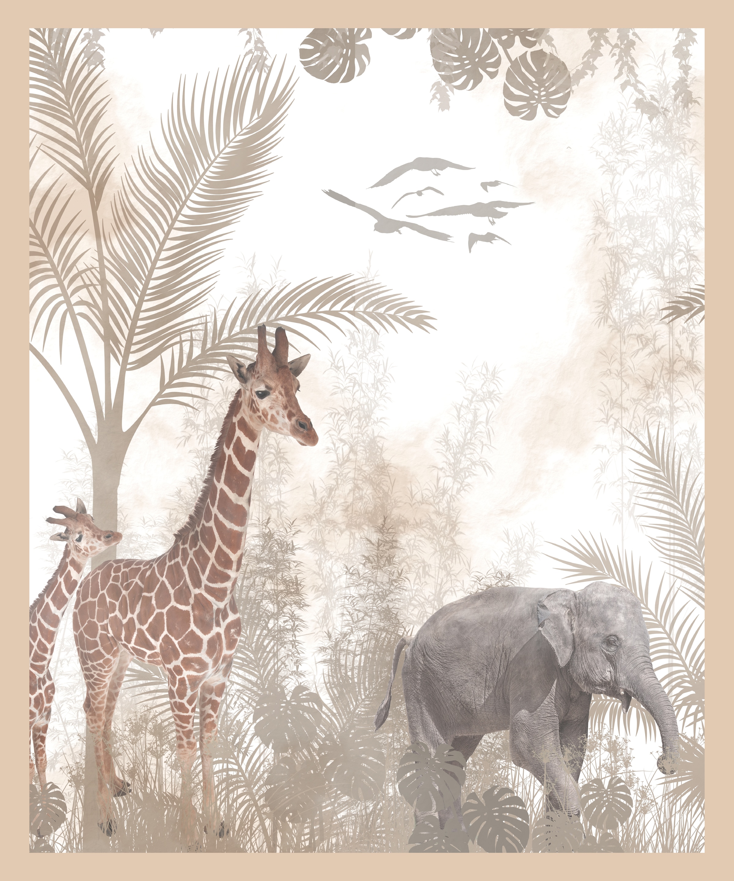 Lüttenhütt Bild mit Rahmen »Tiere im Dschungel«, Baum-Bilder von Afrika-Elefant-Elefanten Bilder-Elephant-Fantasy-Giraffe-Tiere, (1 St.), Premium Rahmenbild, Motive in wunderschönen Pastelltönen