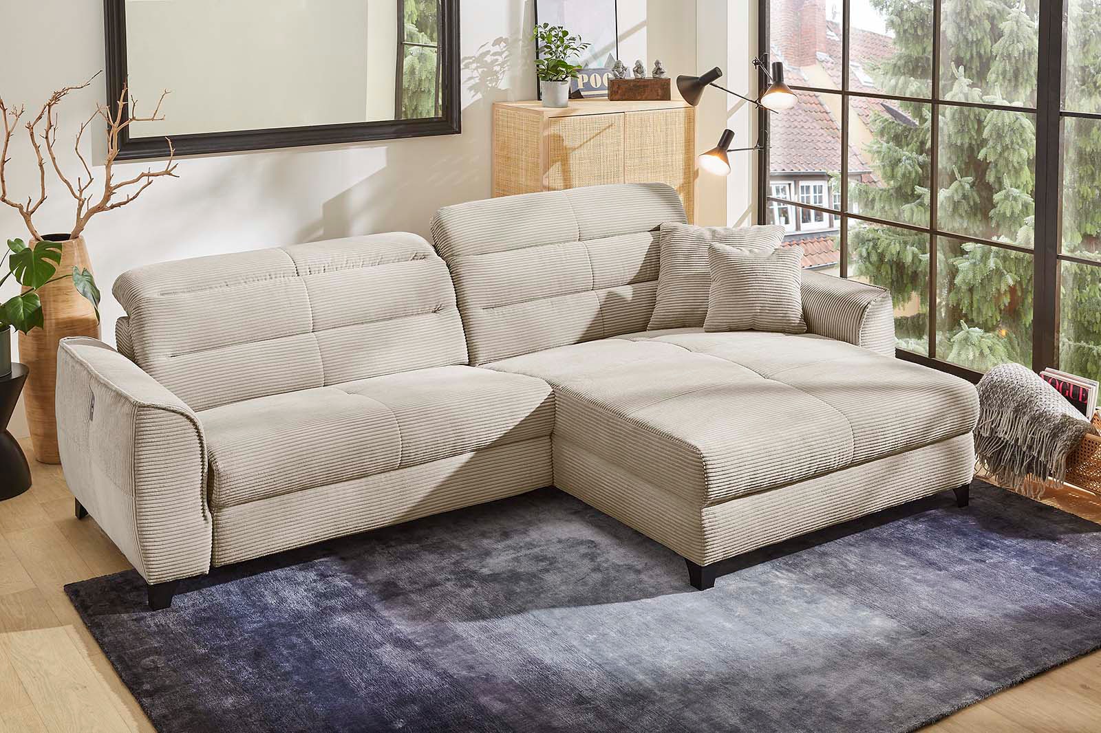 Jockenhöfer Gruppe Ecksofa "Double One L-Form, B: 288 cm, 2x120 cm breite, elektr. Relaxfunktionen" Kopfteilverstellung, USB-Anschluss & Zierkissen