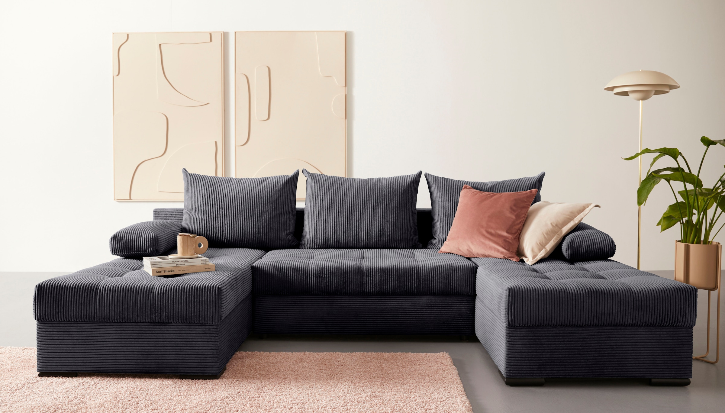 COLLECTION AB Wohnlandschaft »Josy, U-Form, Schlafsofa mit Bettkasten«, (Cord-/Mix), flexible Recamiere, Breite: 269cm, inklusive Rückenkissen, Cord
