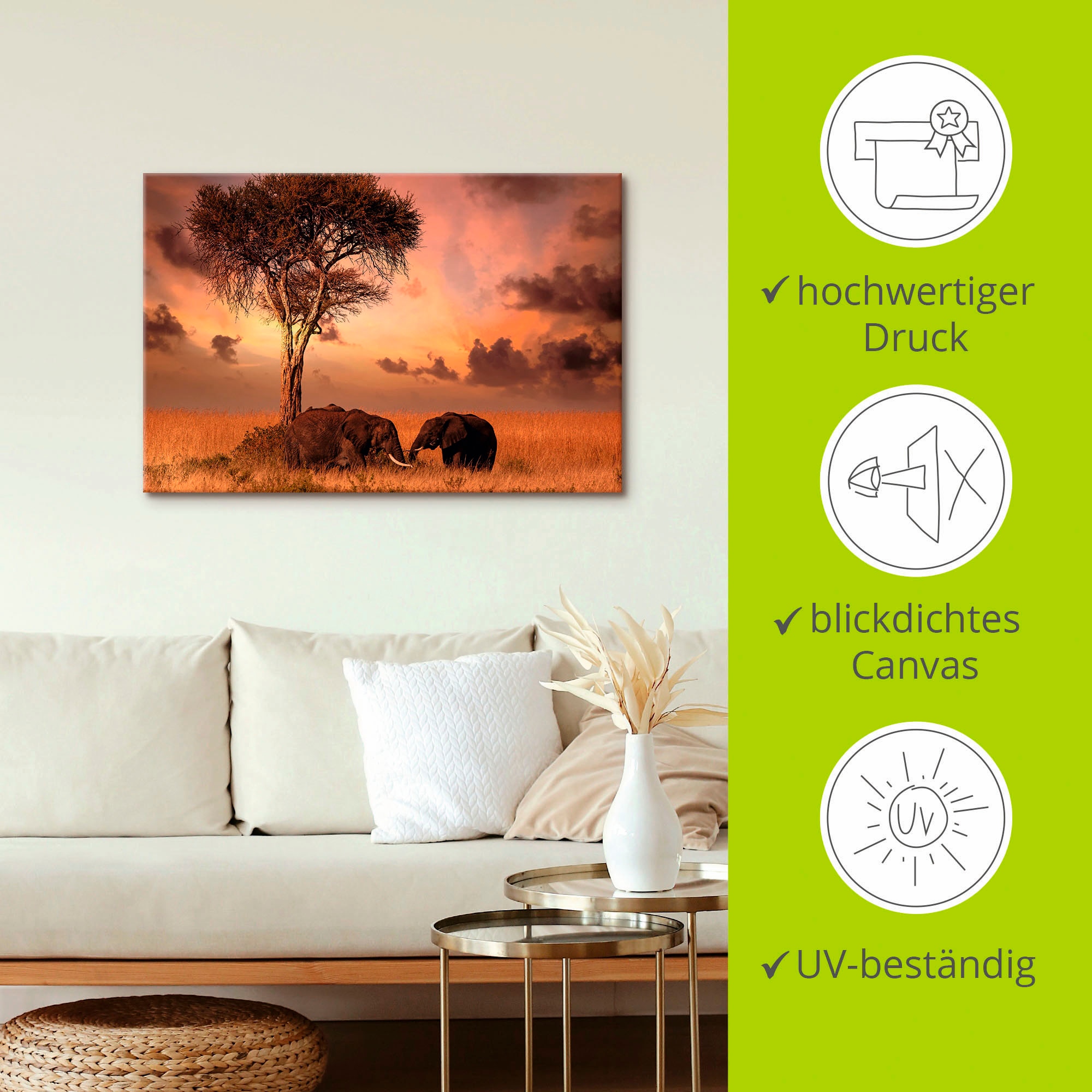 Artland Leinwandbild »Elefanten zum Abendessen« Wildtiere 1 Stk. tlg. auf Holzrahmen gespannt