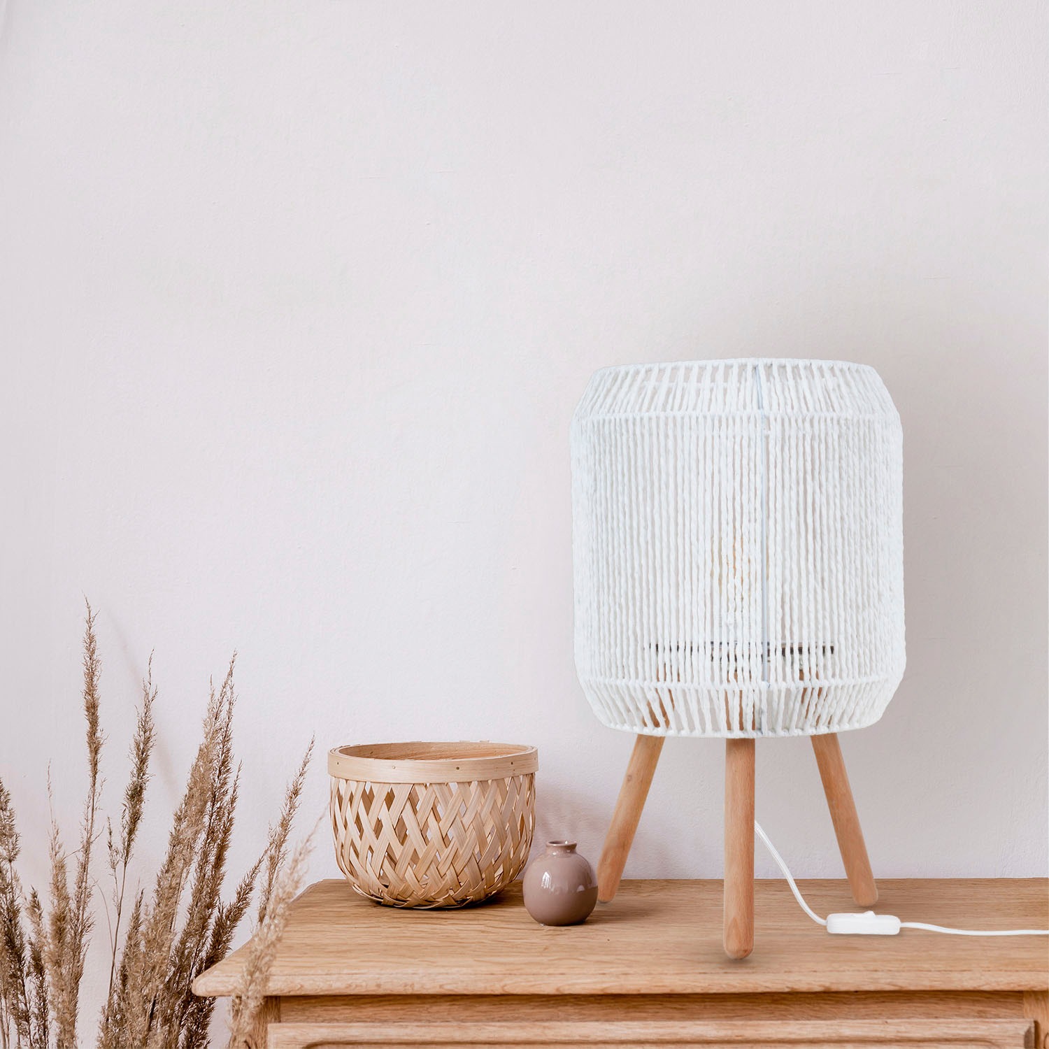 Paco Home Tischleuchte »SOL«, Leuchtmittel E27 | ohne Leuchtmittel, Boho Deko Lampenschirm Korb Holz E27