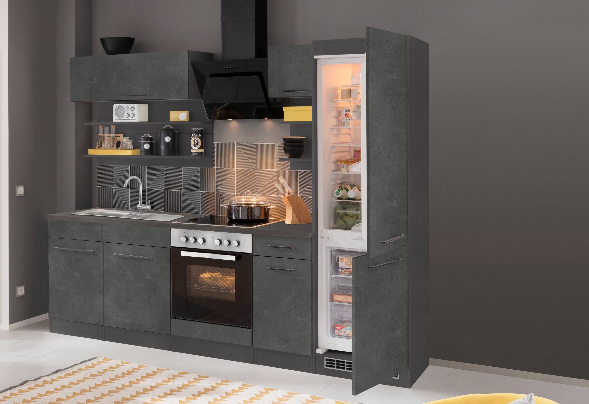KOCHSTATION Küchenzeile "KS-Tulsa" ohne E-Geräte, Breite 270 cm, schwarze Metallgriffe, MDF Fronten