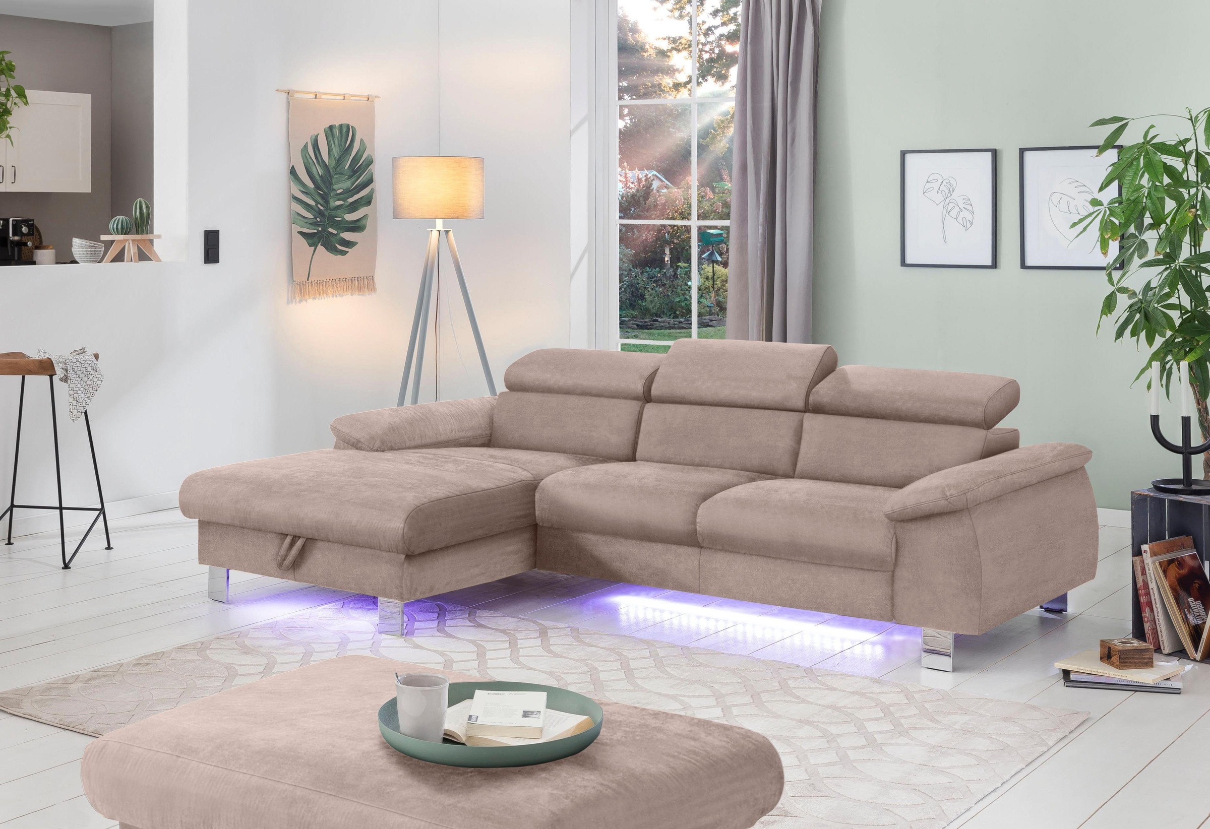 COTTA Ecksofa Komaris, Ecksofa, wahlweise mit RGB-LED-Beleuchtung und Bettfunktion/Bettkasten